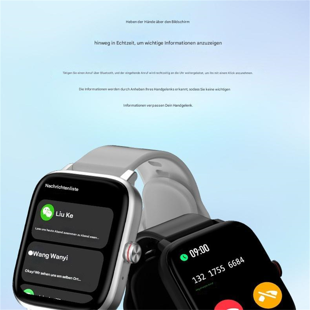 Zwei Smartwatches mit angezeigten Nachrichten. Text hebt Funktionen wie Uhrzeit und Benachrichtigungen hervor.