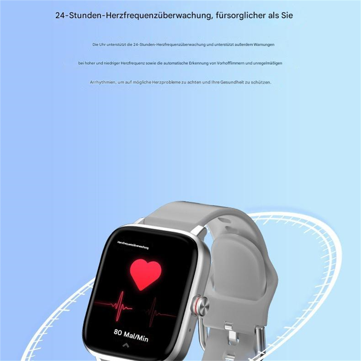 Smartwatch mit Herzfrequenzanzeige. Graues Band und eine rote Herzgrafik.