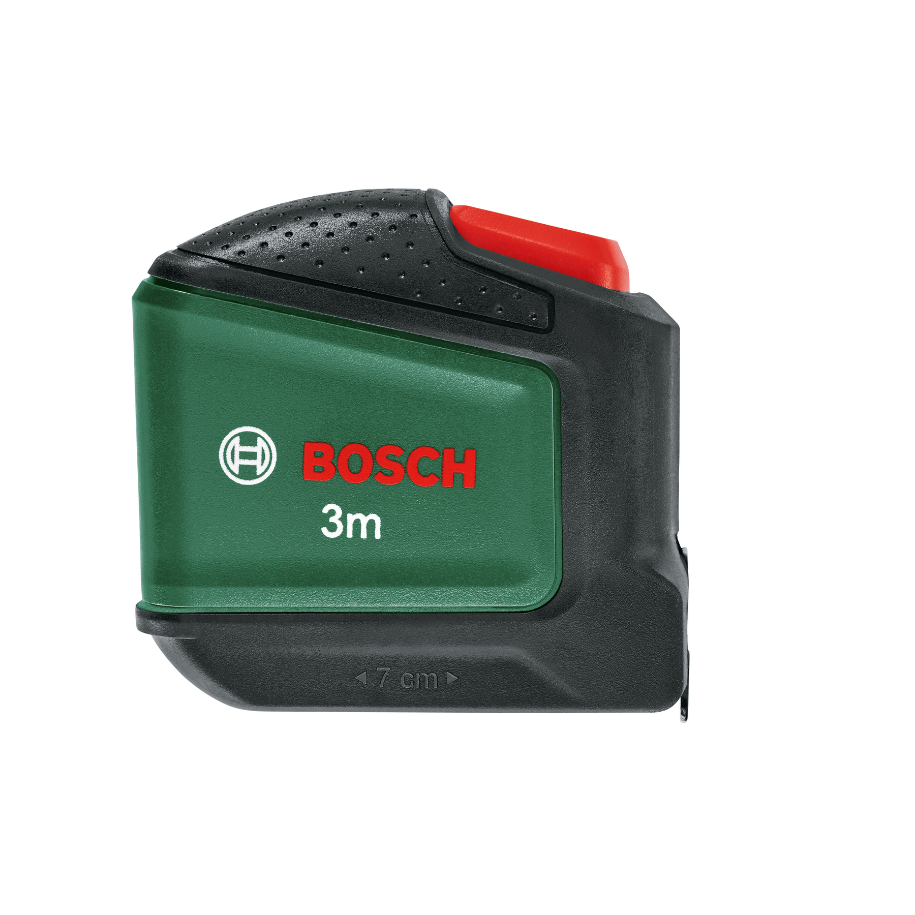 Grünes und schwarzes Bosch 3m-Bandmaß mit rotem Knopf, weißer Hintergrund.