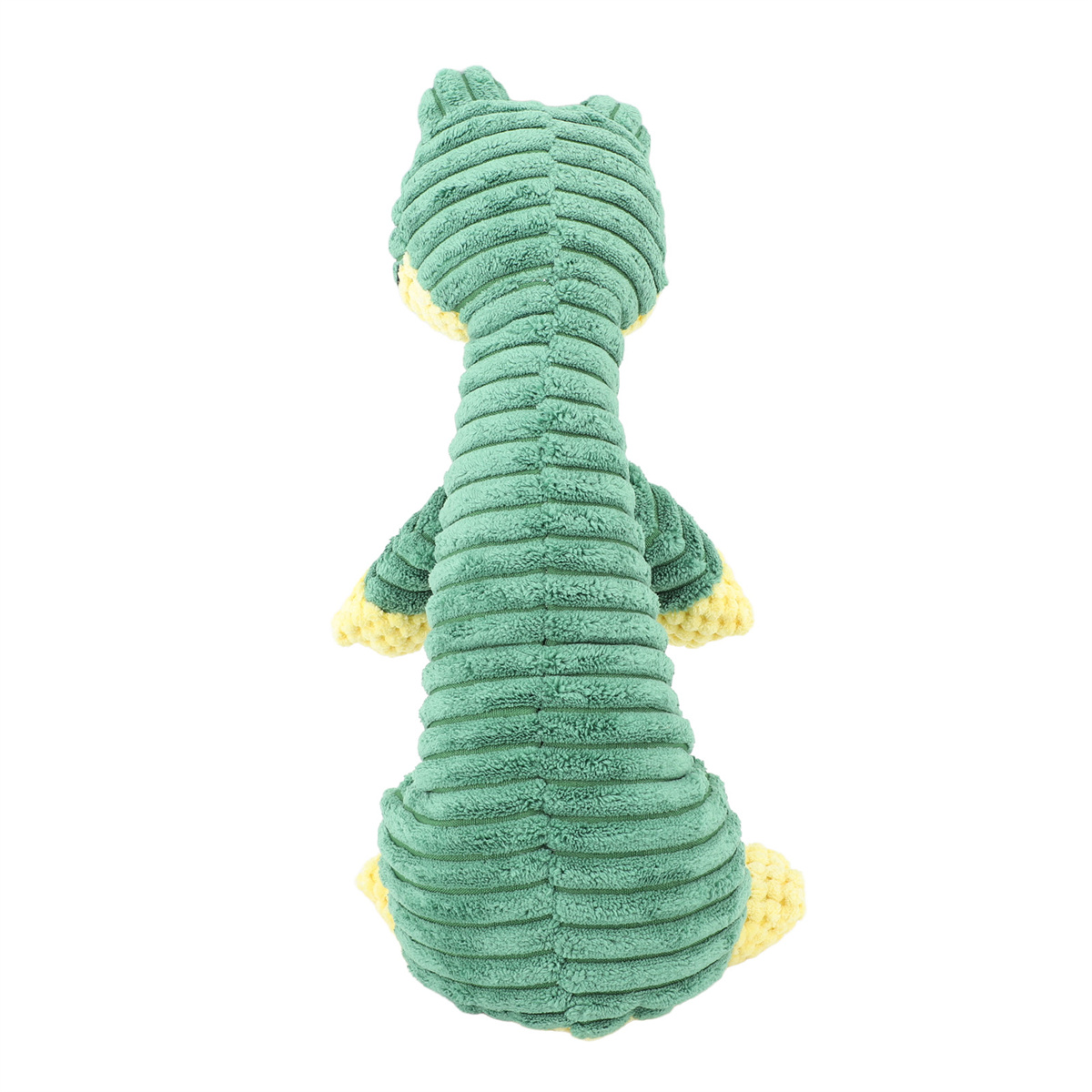 Grünes und gelbes Plüsch-Dinosaurierspielzeug, Rückansicht. Es hat einen langen Hals und ein gestreiftes Muster.