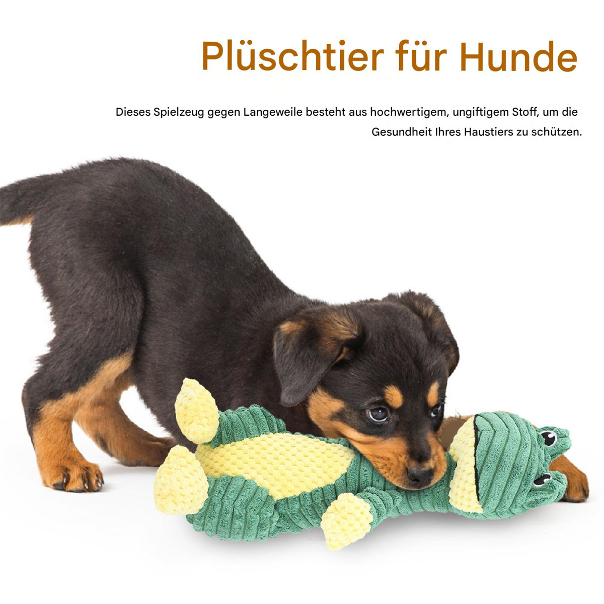 Ein Welpe spielt mit einem grünen und gelben Spielzeugfrosch. Das Spielzeug liegt auf dem Boden.