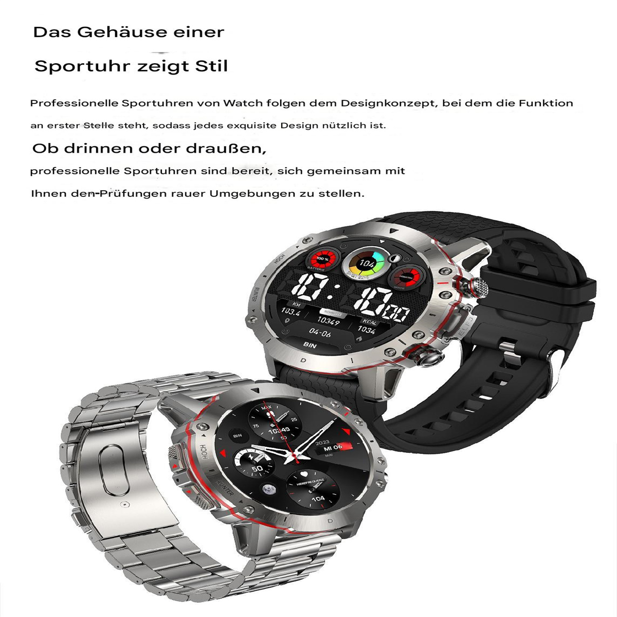Zwei Smartwatches mit verschiedenen Armbändern, eines aus Metall, eines aus Gummi.