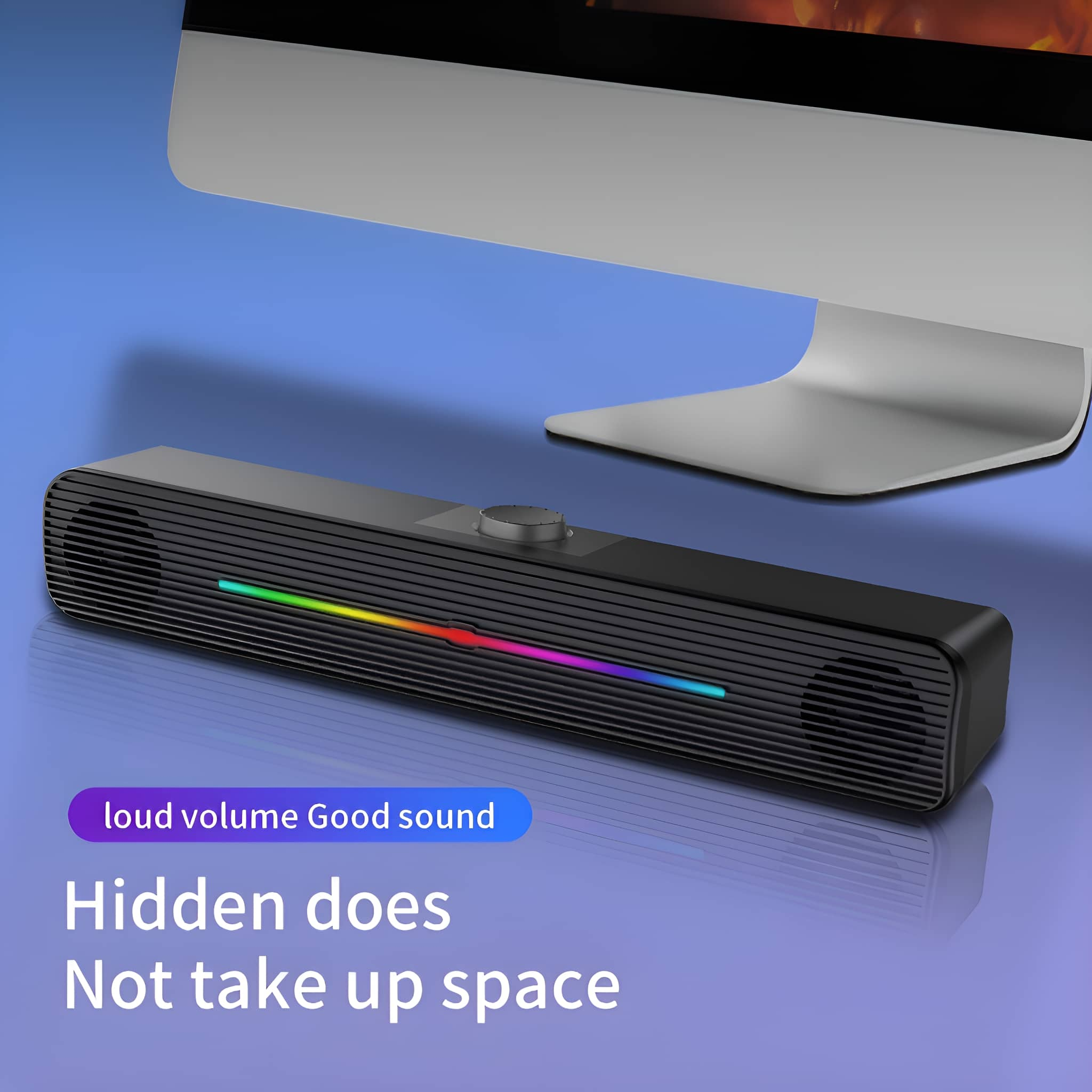 Schwarze Soundbar mit Regenbogenlicht vor einem Monitor. Text: laute Lautstärke, guter Sound.