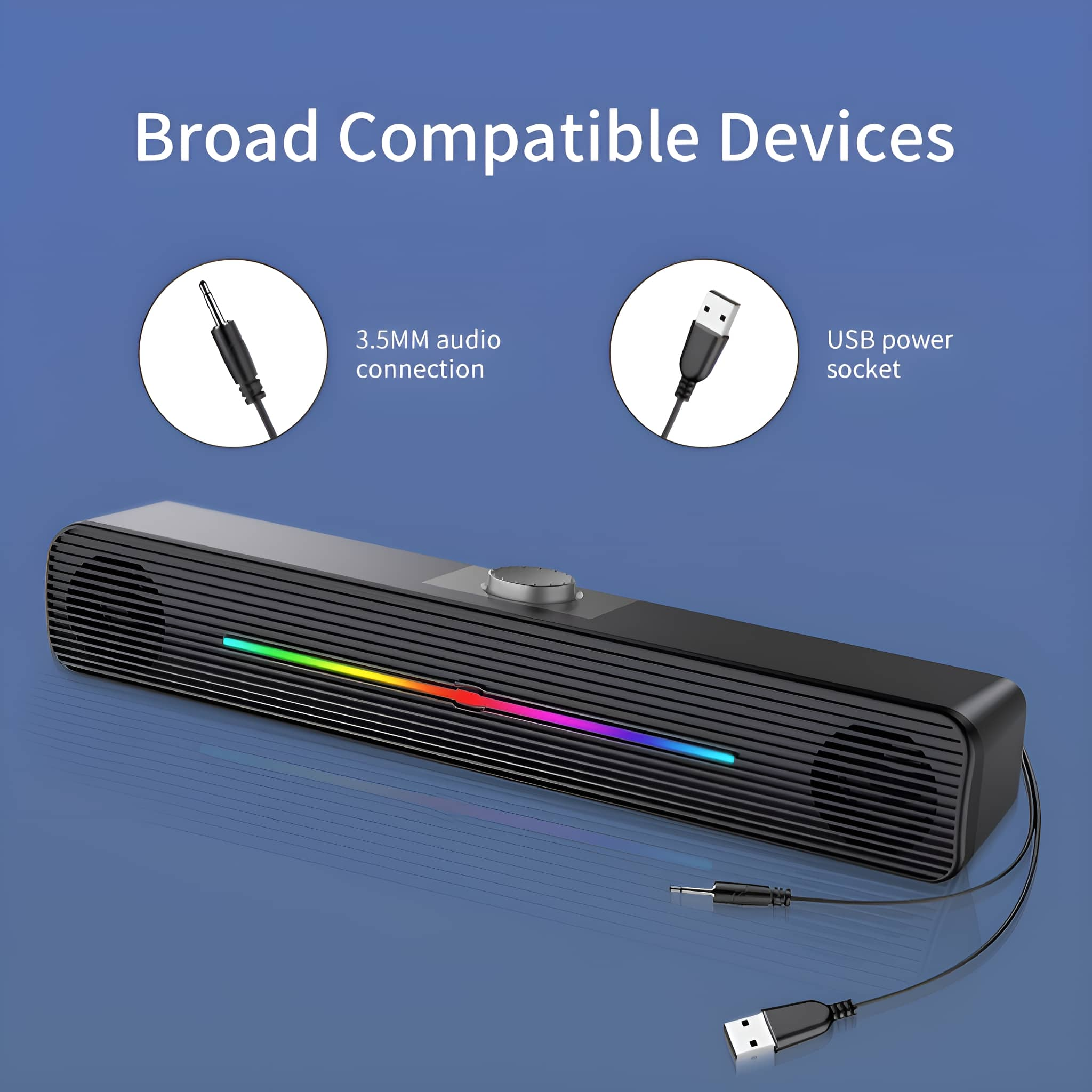 Schwarze Soundbar mit mehrfarbigem Lichtstreifen, plus 3,5-mm- und USB-Kabel.