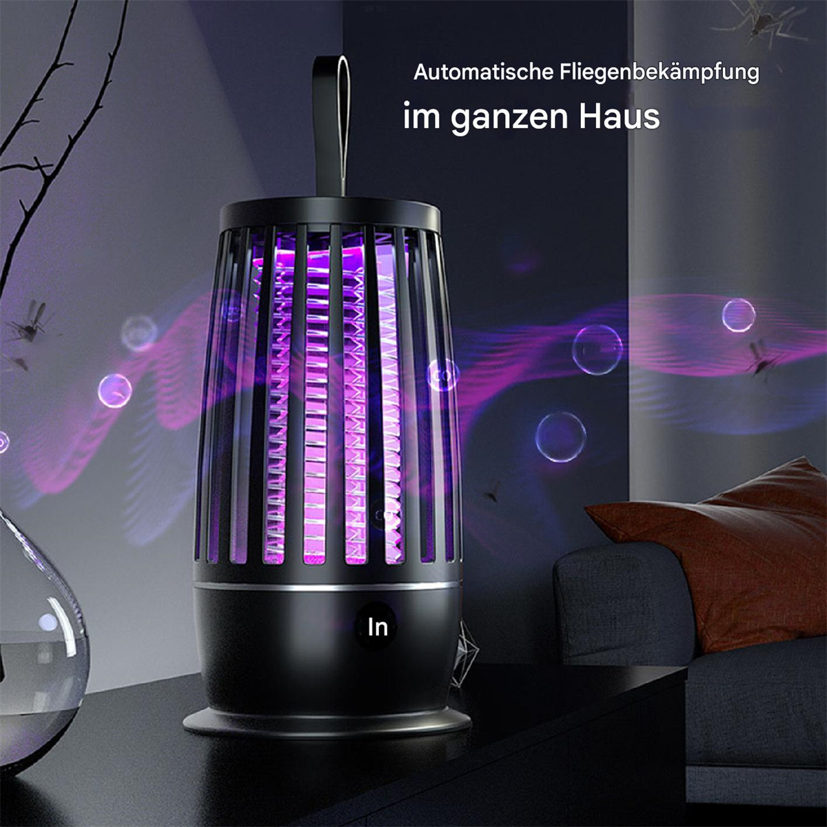 Schwarzer Insektenvernichter mit violettem Licht von innen und dunklem Hintergrund.