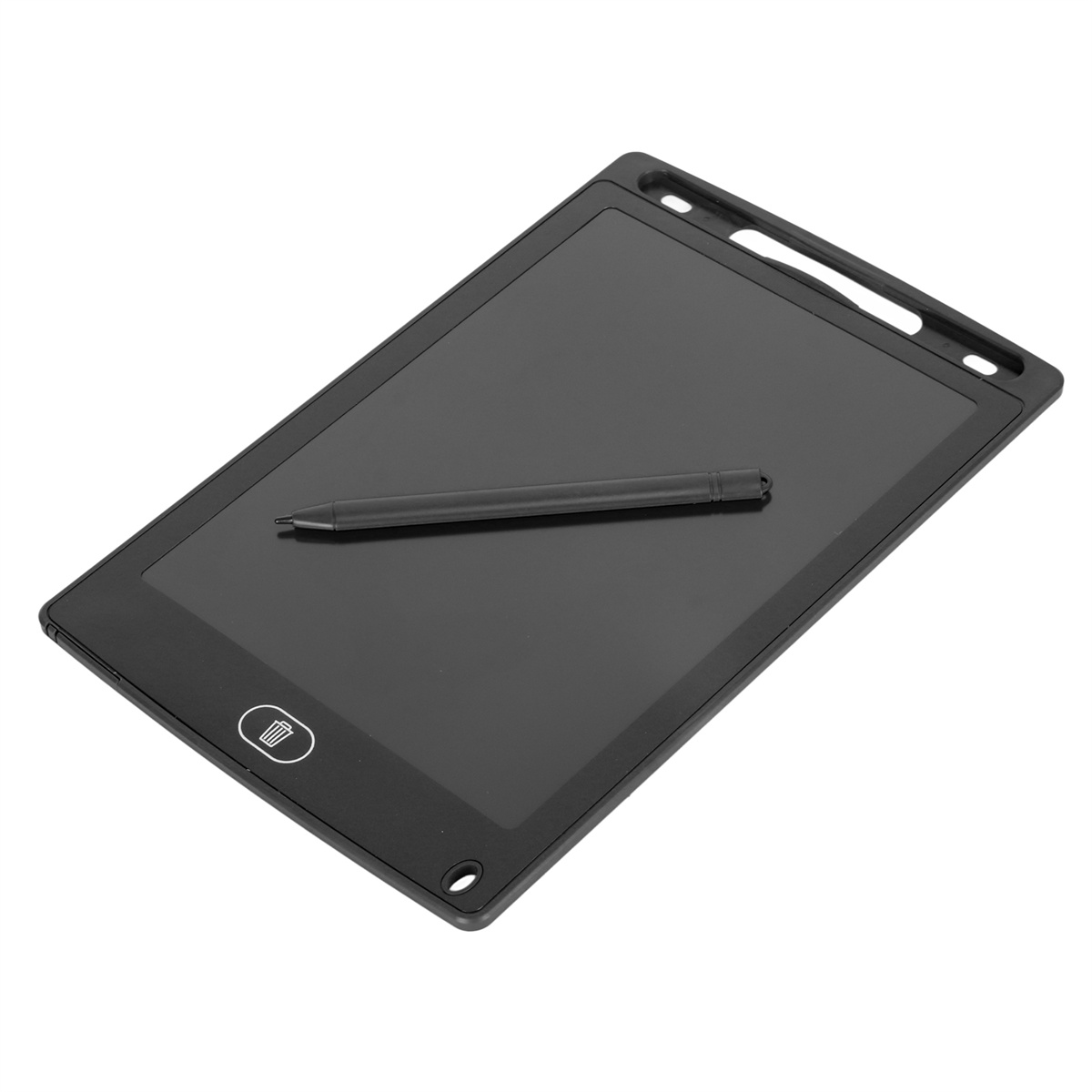 Schwarzes Tablet mit Stift auf weißem Grund. Ein Mülleimer-Symbol befindet sich links unten.