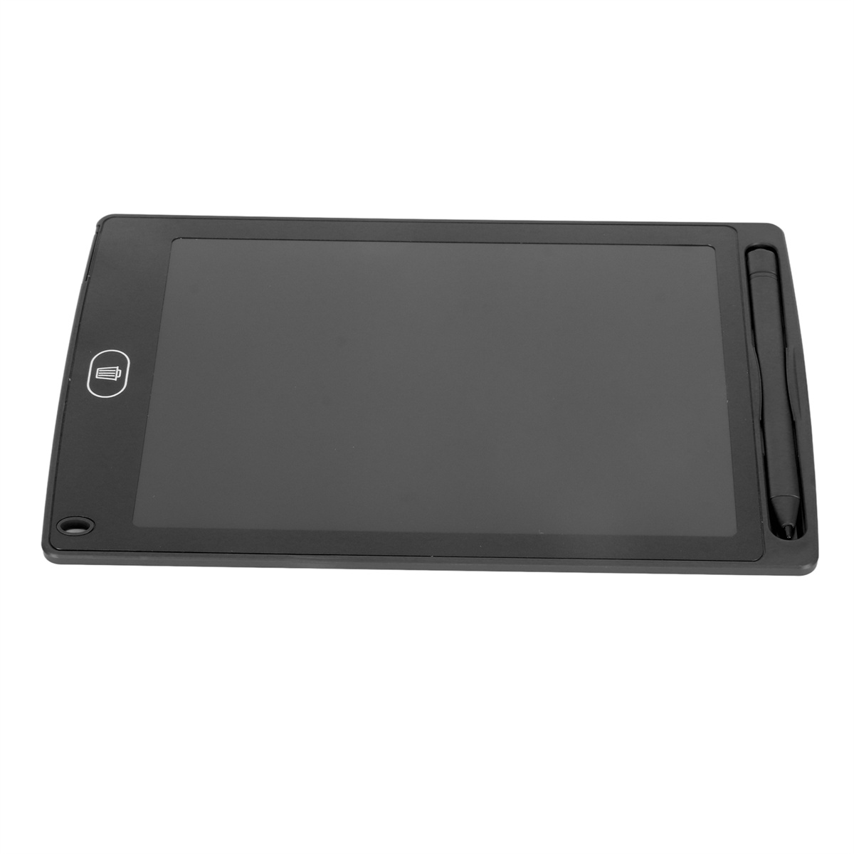 Ein schwarzes Schreibtablett mit Stift wird auf weißem Hintergrund gezeigt. Der Bildschirm ist leer.