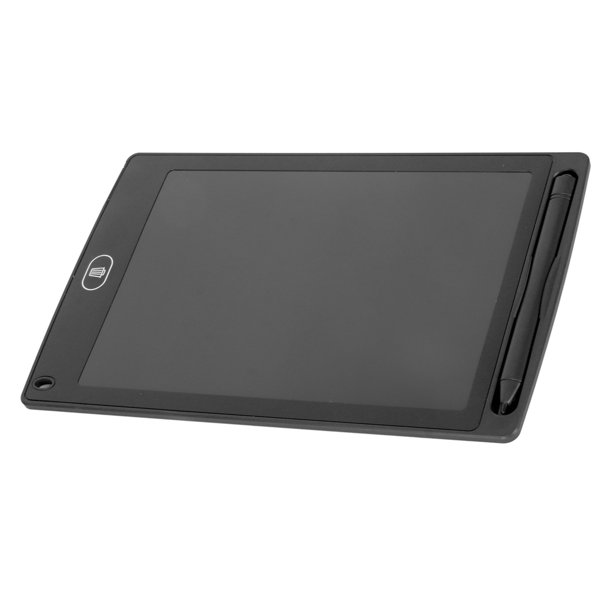 Schwarzes digitales Schreibtablett mit einem Stift. Das Tablet ist rechteckig mit abgerundeten Ecken. Der Stift liegt daneben.