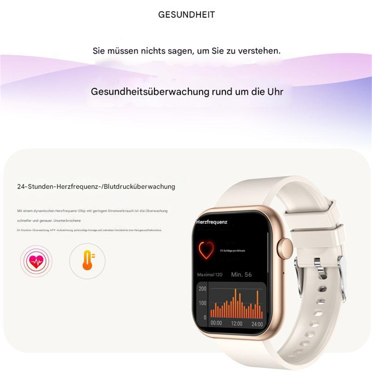 Eine Smartwatch, die Herzfrequenzdaten anzeigt. Sie hat ein weißes Armband und ein goldenes Gehäuse.