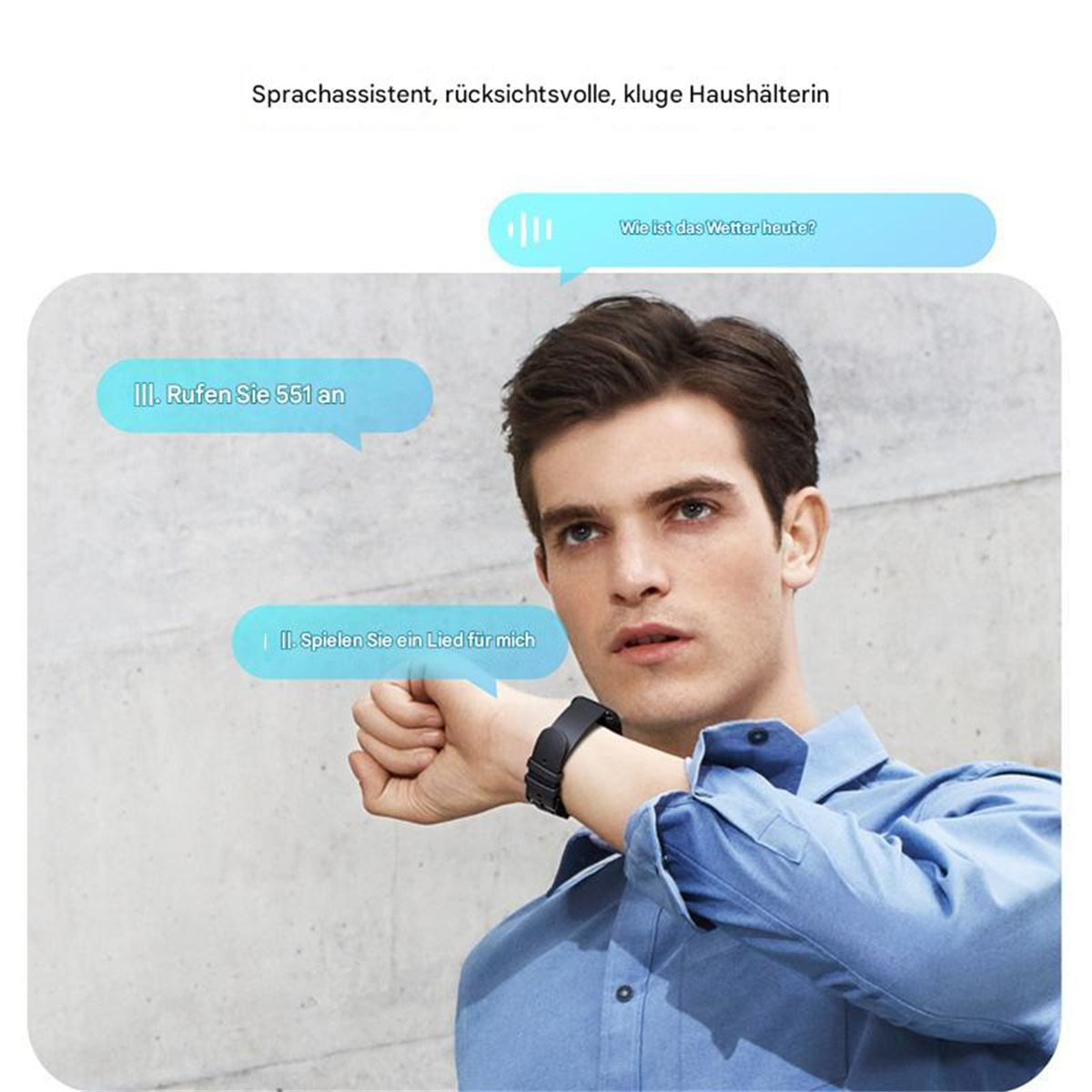 Ein Mann betrachtet seine Smartwatch. Sprechblasen mit deutschem Text werden über seinem Kopf angezeigt.