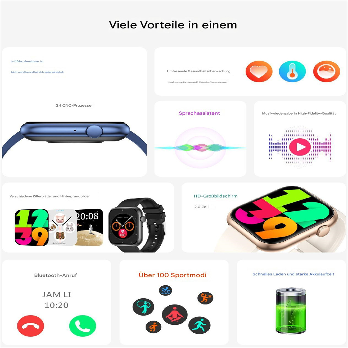 Eine Smartwatch mit mehreren Funktionen, einschließlich Gesundheitsüberwachung, Musik und verschiedenen Displayoptionen.