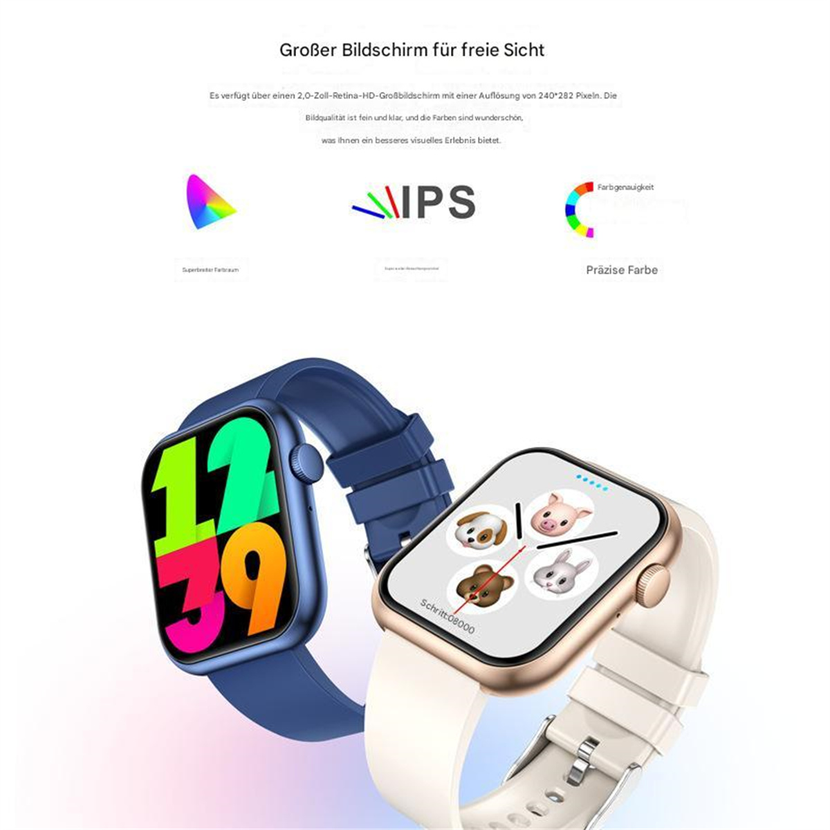 Zwei Smartwatches mit farbigen Bildschirmen, die Zeit, Symbole und ein blaues Armband anzeigen.