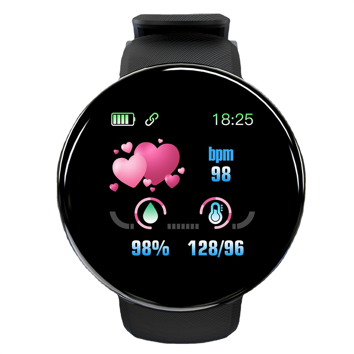 Eine schwarze Smartwatch mit rundem Bildschirm. Der Bildschirm zeigt Gesundheitsmetriken und die Uhrzeit.