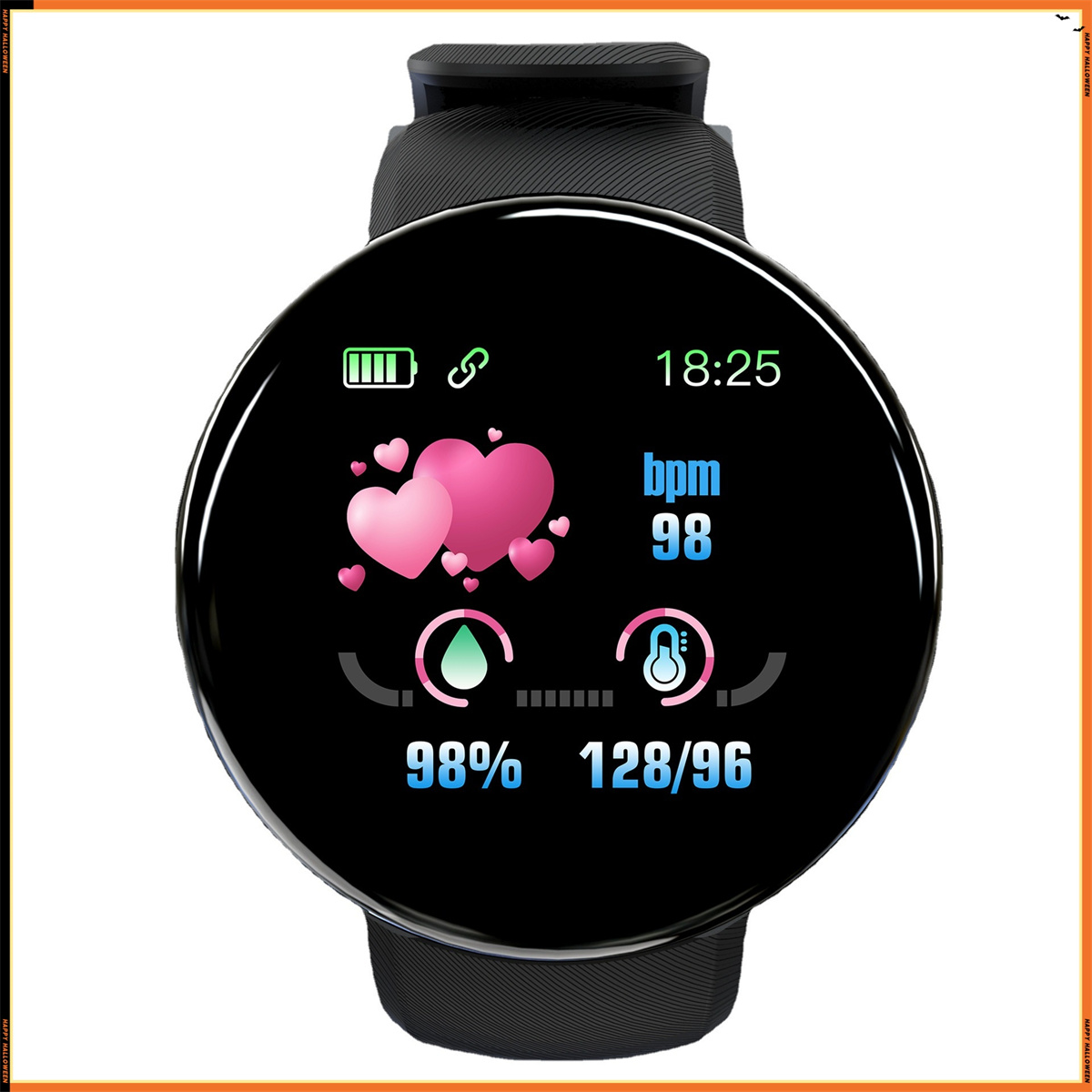 Eine schwarze Smartwatch mit Gesundheitsdaten: BPM, Zeit und Akku.