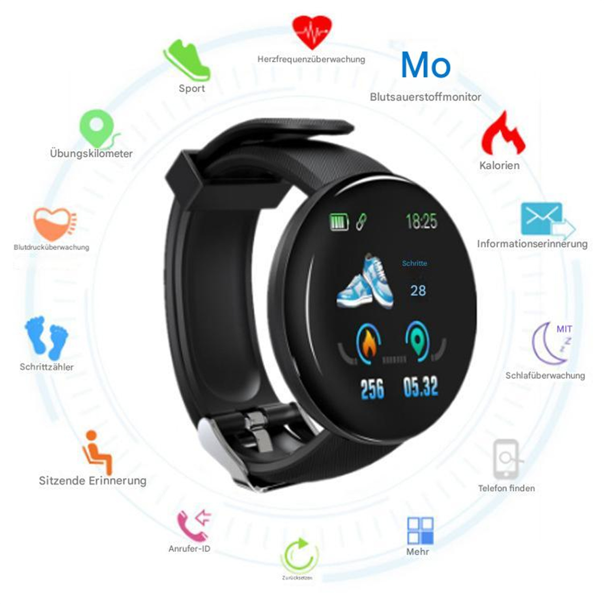 Eine schwarze Smartwatch mit rundem Zifferblatt zeigt Aktivitätsdaten am Handgelenk, mit Symbolen darum herum.