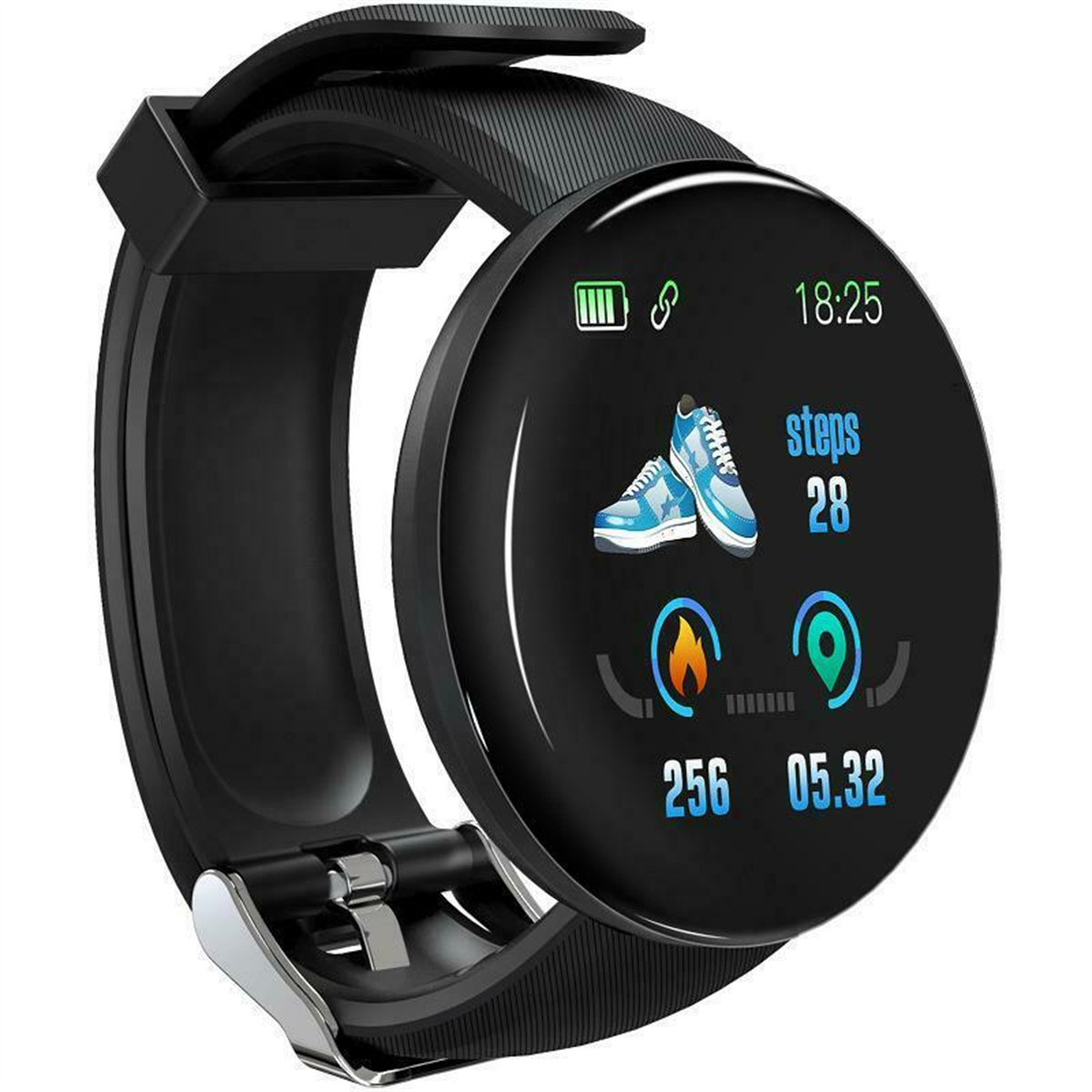 Schwarze Smartwatch mit rundem Zifferblatt. Zeigt Zeit, Schritte und Daten an.