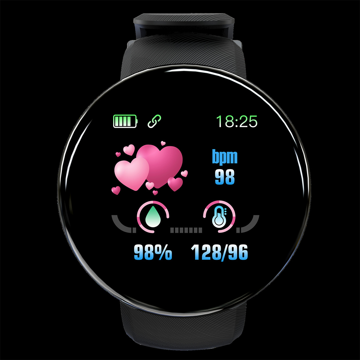Eine schwarze Smartwatch mit rundem Bildschirm, der Akku, Herzfrequenz und Zeit in Grün und Blau anzeigt.