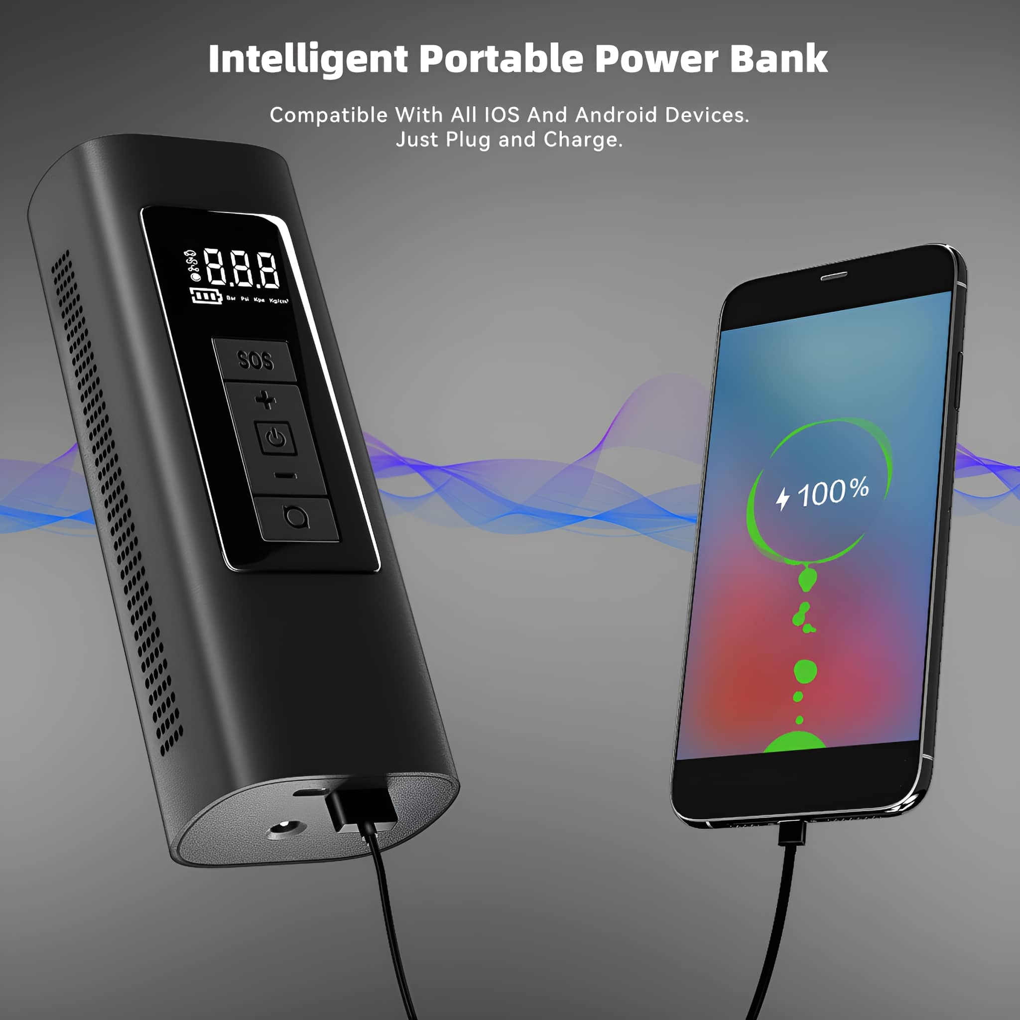 Tragbare Powerbank, die ein Telefon auflädt. Text lautet: Intelligente tragbare Powerbank.