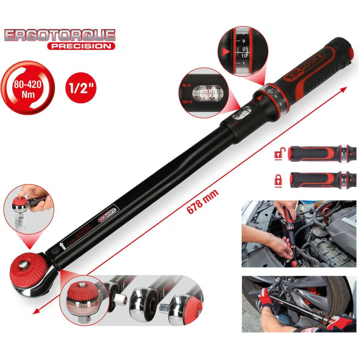 Llave dinamométrica con ajustes y diagramas de uso. La llave es negra y roja, con texto y medidas.