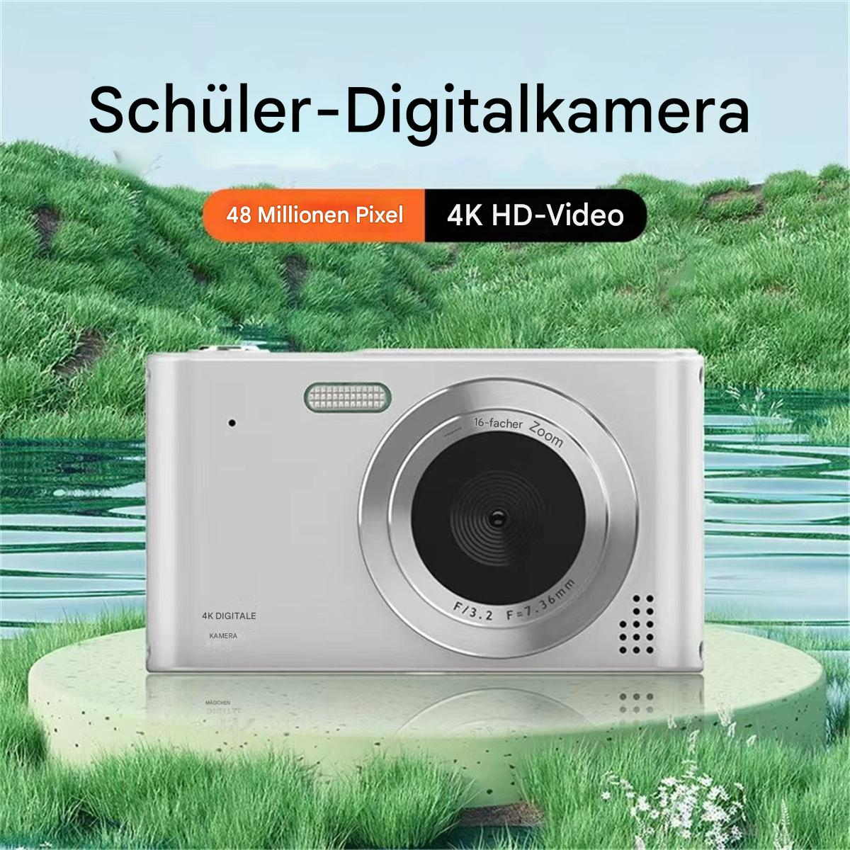 Eine weiße Digitalkamera mit Text auf Deutsch über Funktionen.