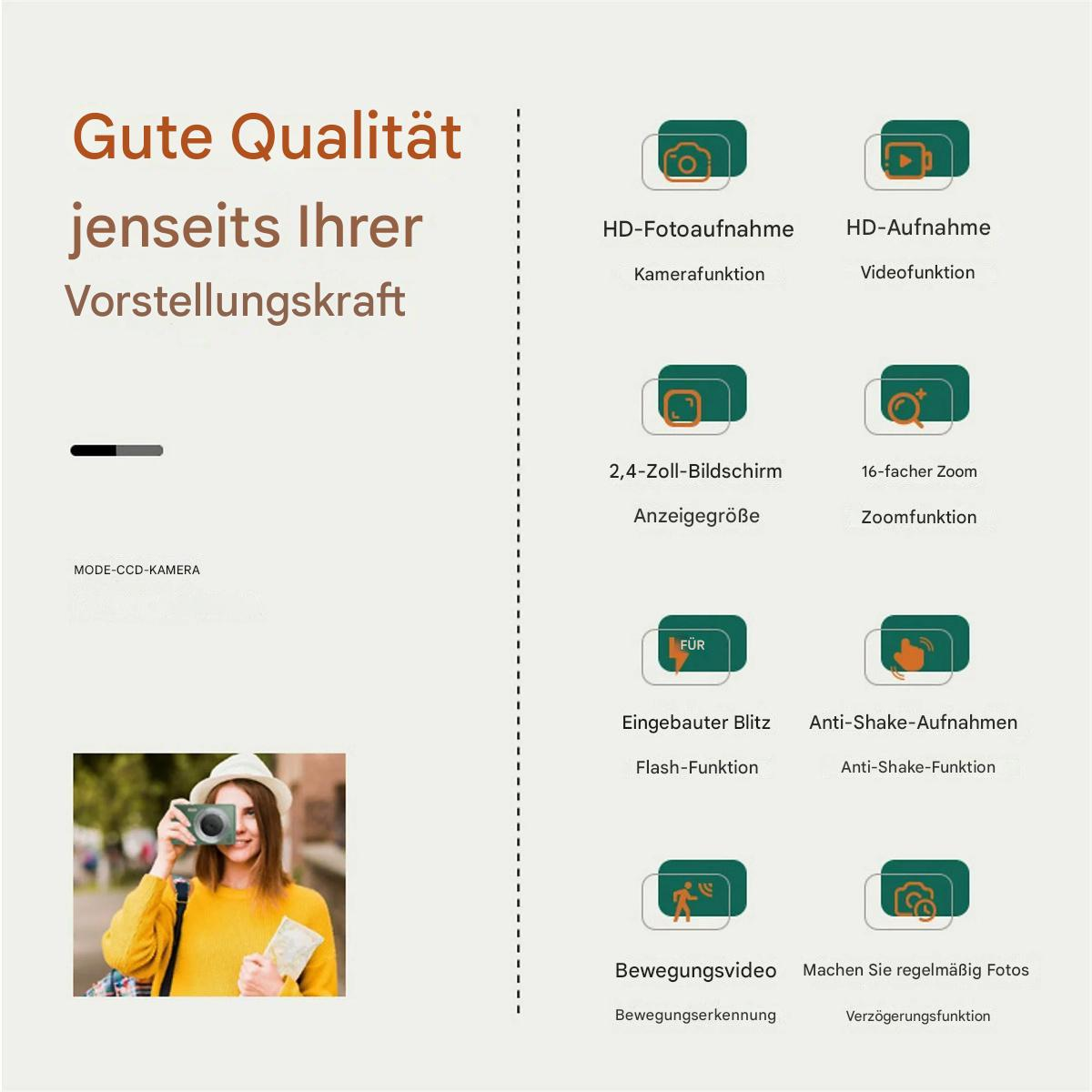 Eine Frau macht ein Foto mit einer Kamera. Symbole und Text beschreiben Kamerafunktionen.