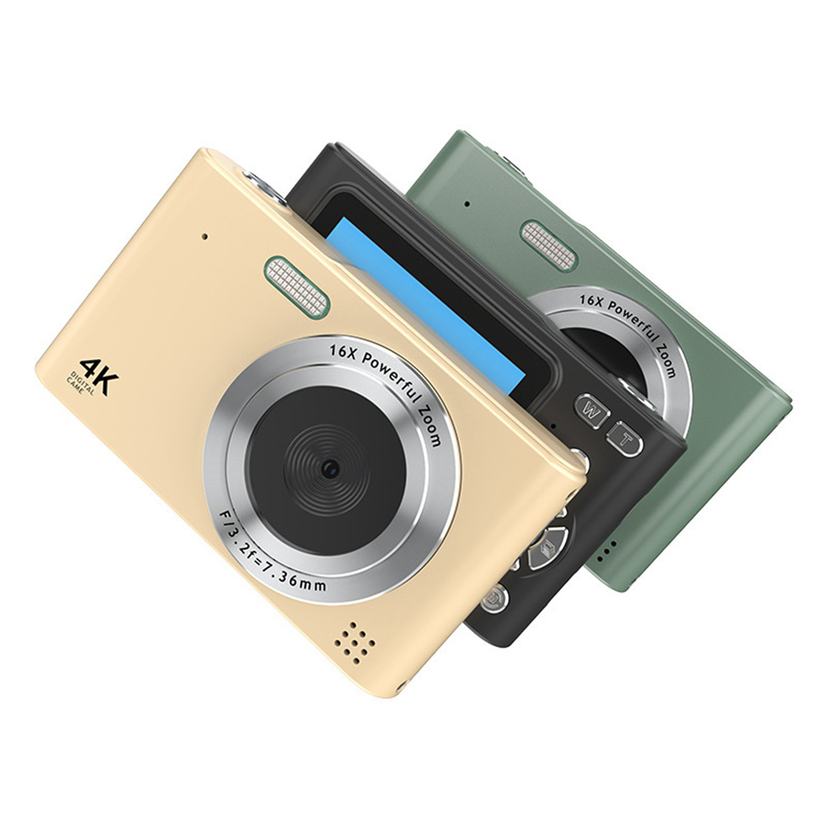 Drei bunte Digitalkameras. Eine beige, eine schwarze und eine grüne.