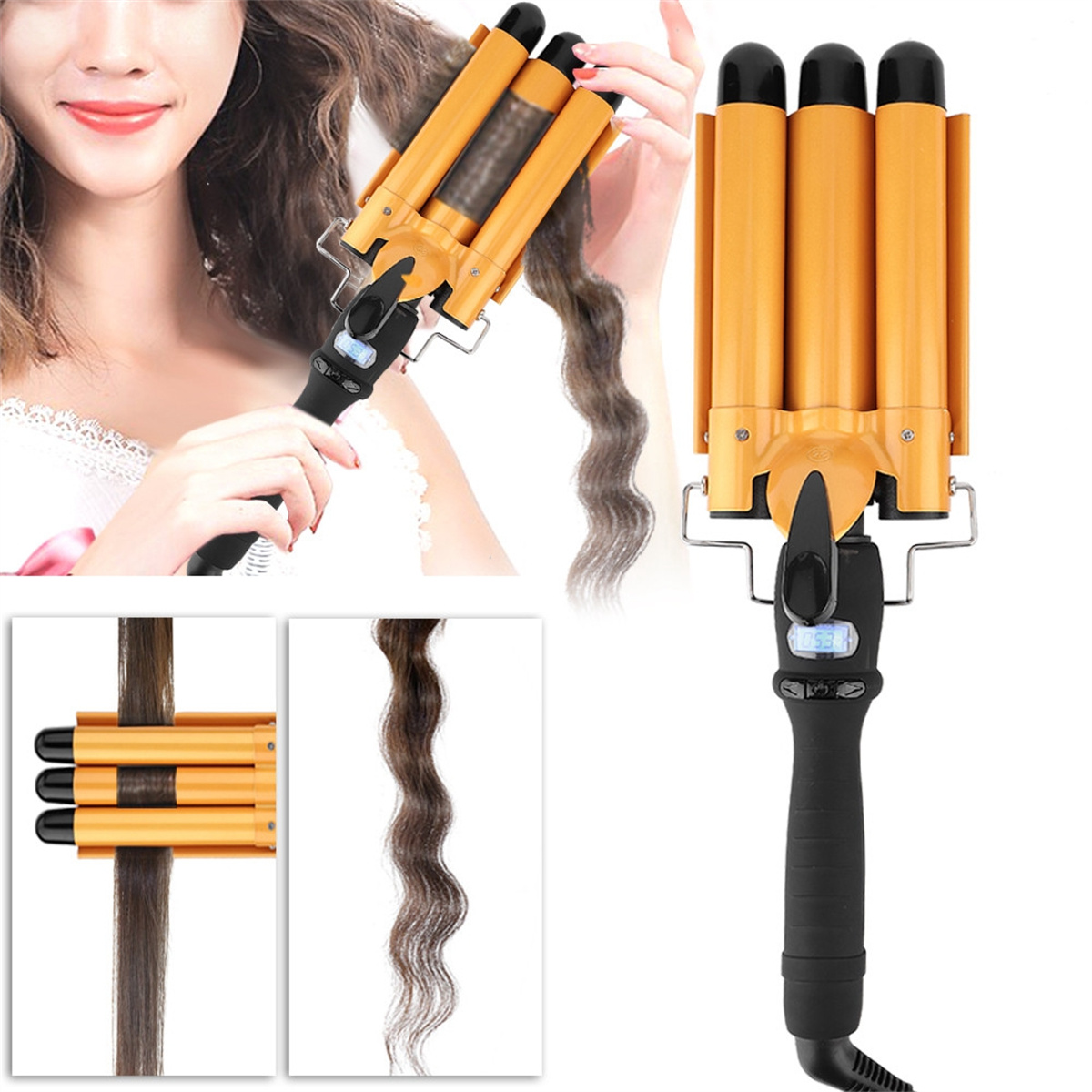 Frau, die einen gelben Haarwellengenerator verwendet, um Wellen im Haar zu erzeugen. Nahaufnahme des Werkzeugs und der Ergebnisse.