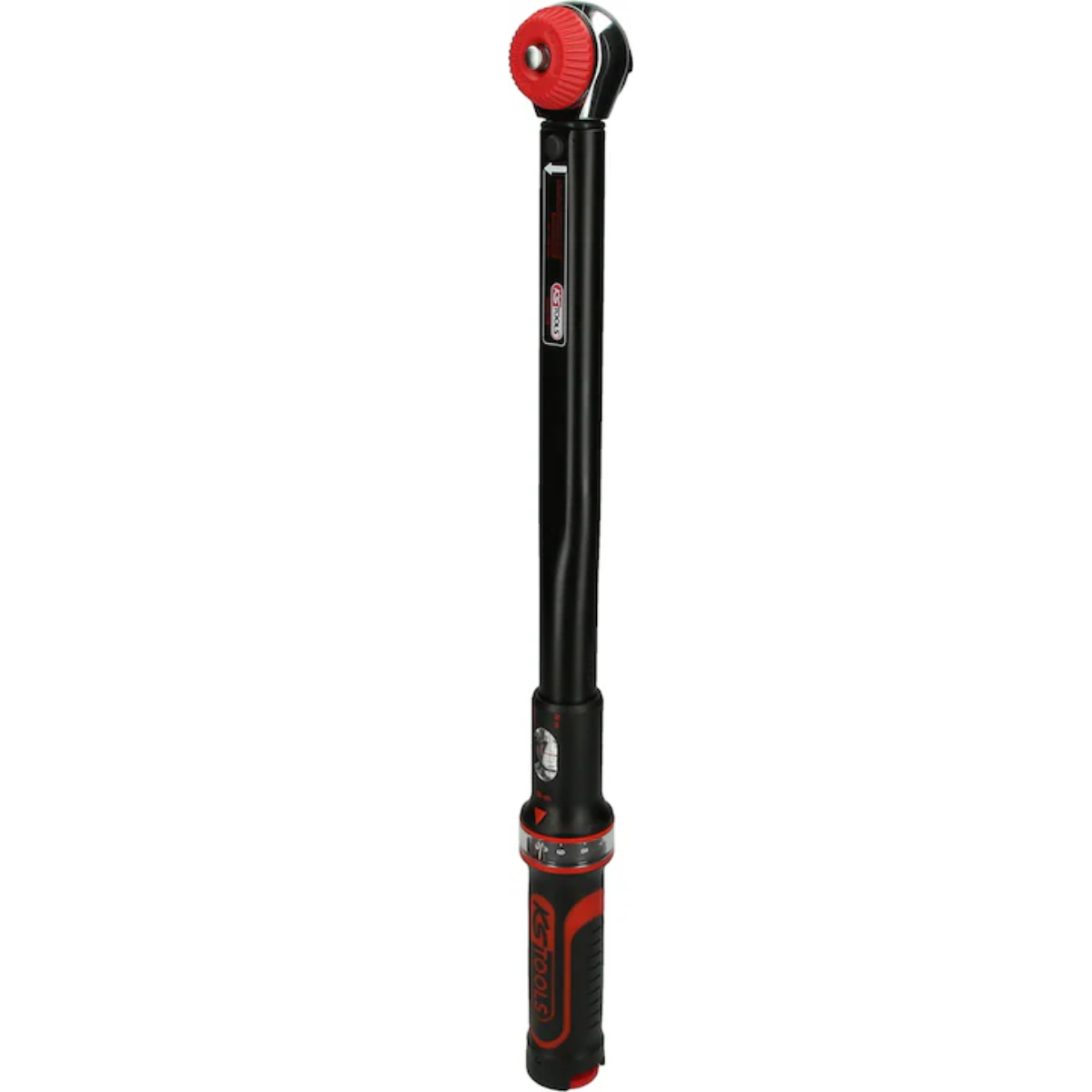 Schwarzer und roter Drehmomentschlüssel. Rotes Zifferblatt oben. Schwarzer Griff. K Tools Logo vorhanden.
