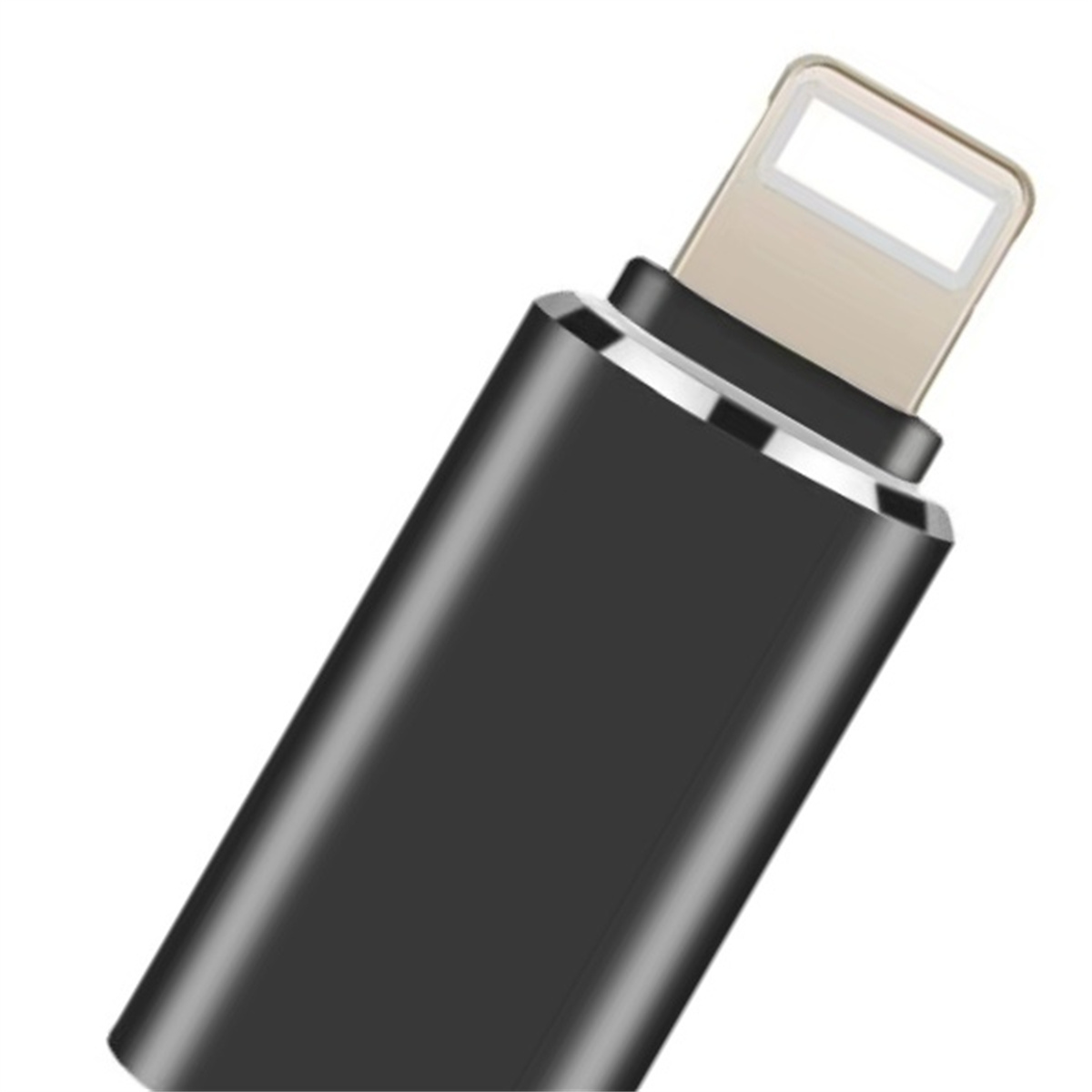 Ein schwarzer und silberner USB-C-auf-Lightning-Adapter. Das Lightning-Ende ist goldfarben.