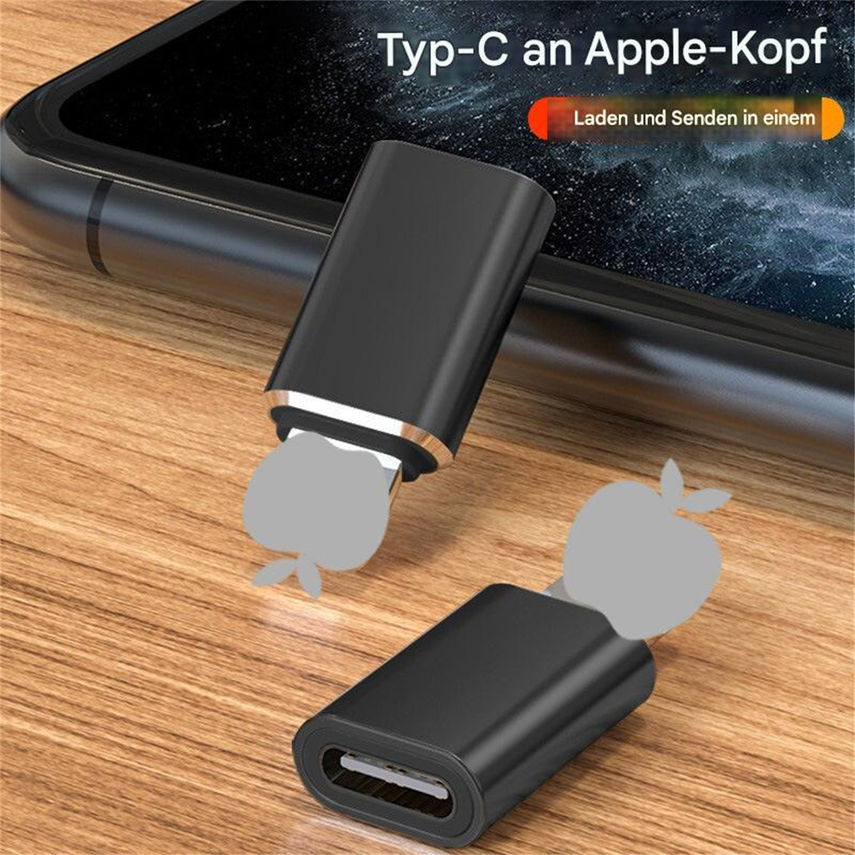 Schwarzer Adapter, zweiteilig, zum Anschluss an Telefon und Apple Kabel.