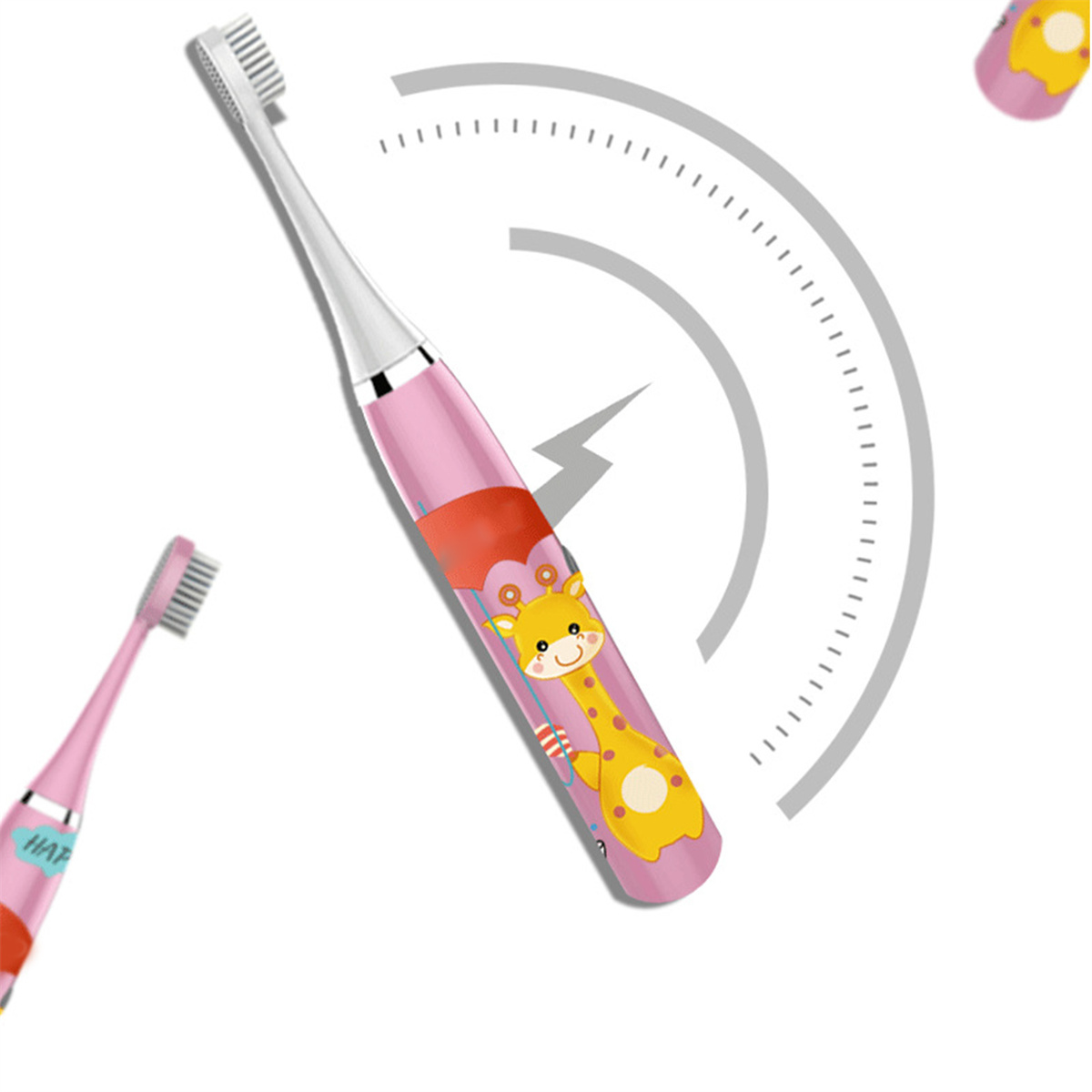 Rosa elektrische Zahnbürste mit Giraffen-Design. Der Hintergrund ist weiß mit geschwungenen Linien.