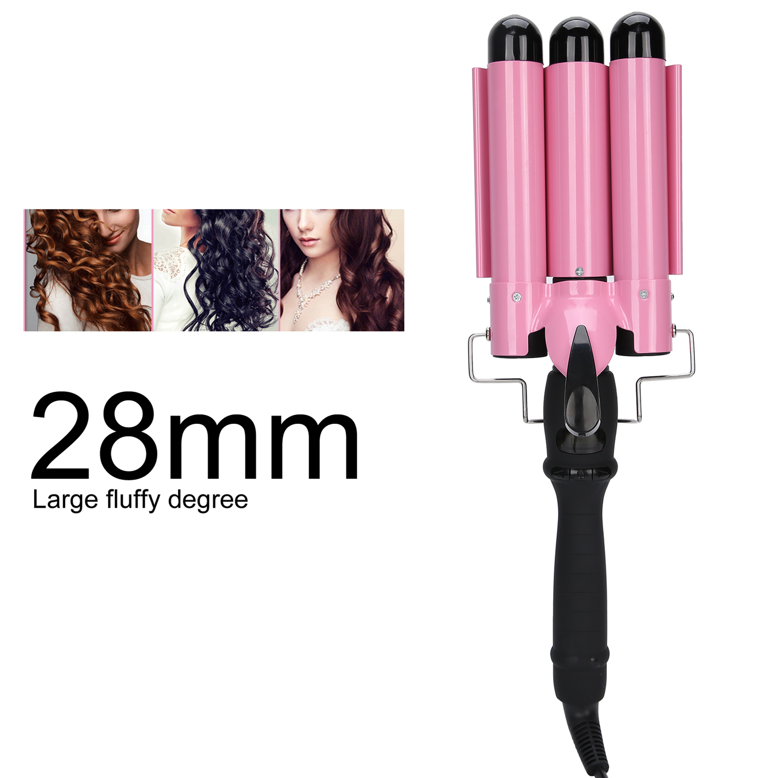Ein pinkfarbener Haarwellenmacher mit schwarzem Griff, neben Bildern von gewellten Frisuren.