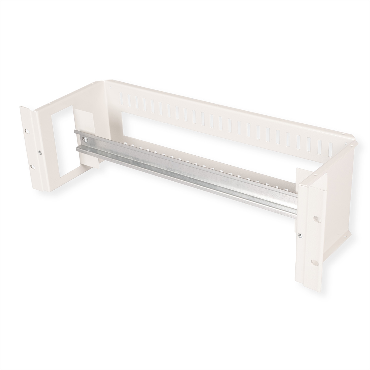 Staffa in metallo bianco. Forma rettangolare, con una guida. Design perforato.