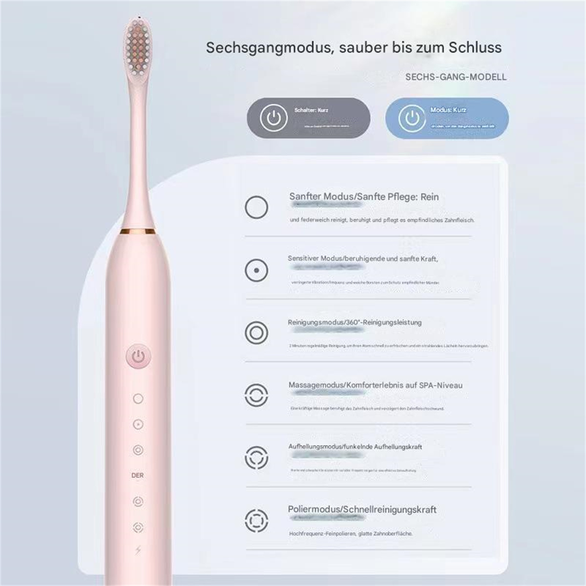 Rosa elektrische Zahnbürste mit Diagramm der Modi und Funktionen. Weißer Hintergrund.