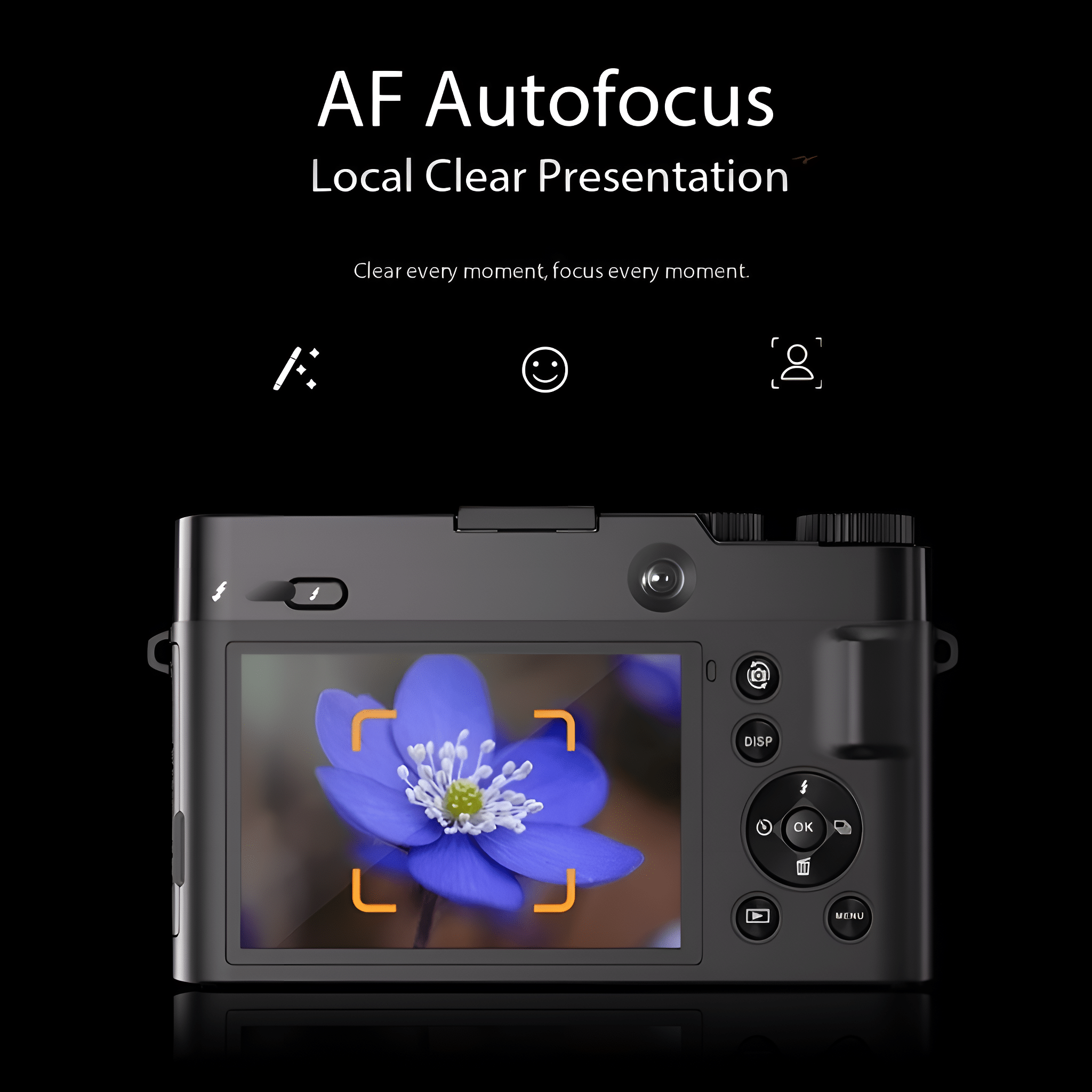 Digitalkamera mit blauer Blume, AF-Autofokus-Text und Kamerasteuerung.