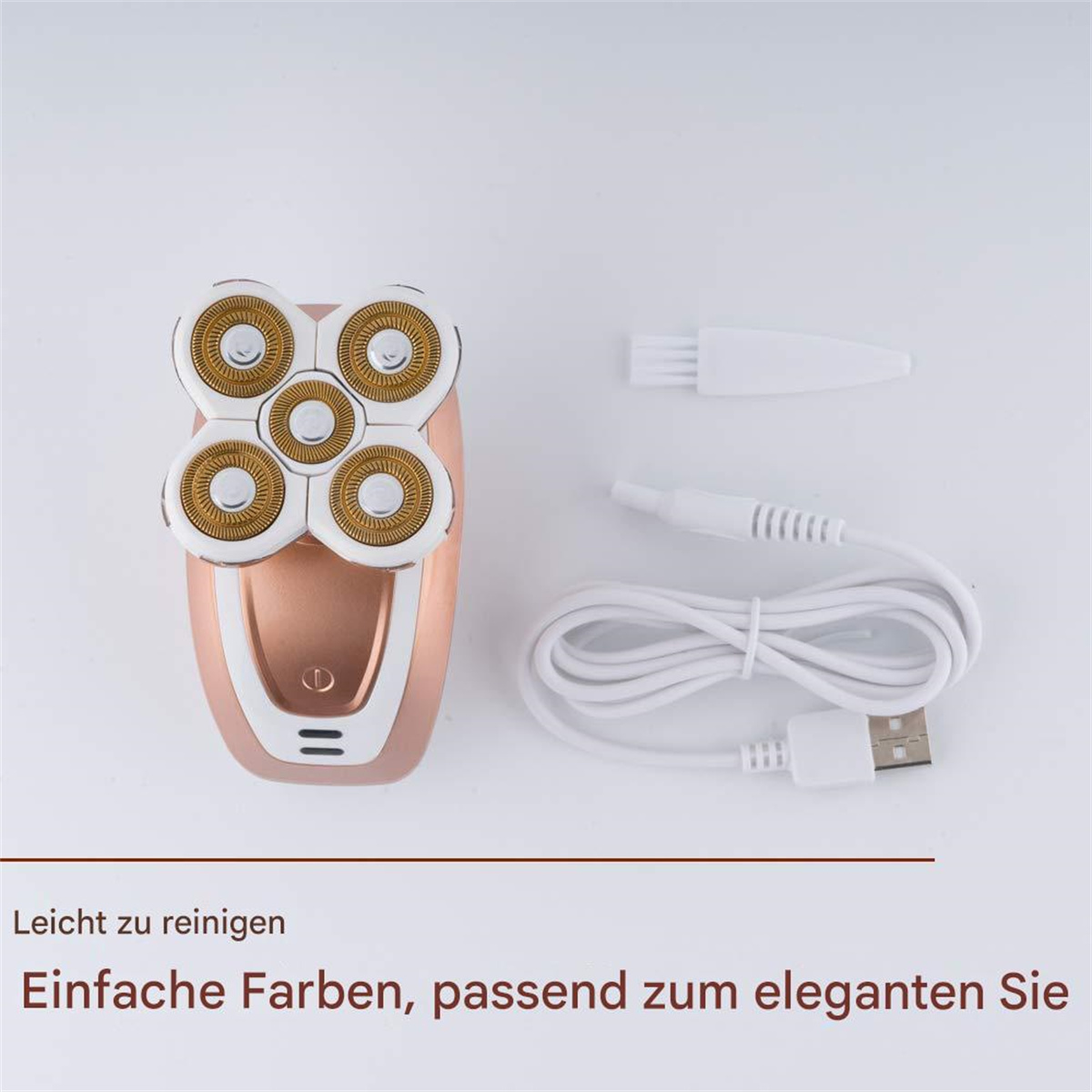 Ein rosa-weißer Elektrorasierer, eine Bürste und ein Ladekabel auf weißer Oberfläche. Text darunter.