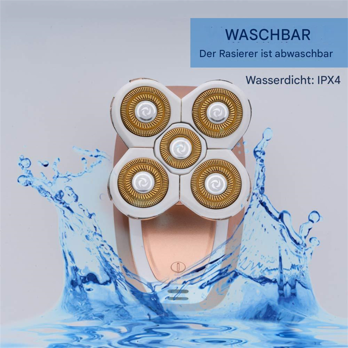 Ein pinkfarbener und weißer Elektrorasierer mit fünf kreisförmigen Köpfen, mit Wasserspritzeffekt.