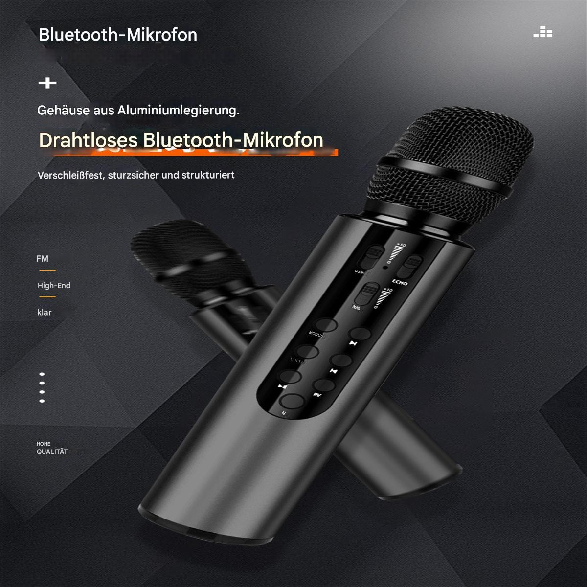 Zwei Mikrofone, eines silbernes und eines schwarzes, mit Knöpfen und einem Bluetooth-Mikrofon-Label.