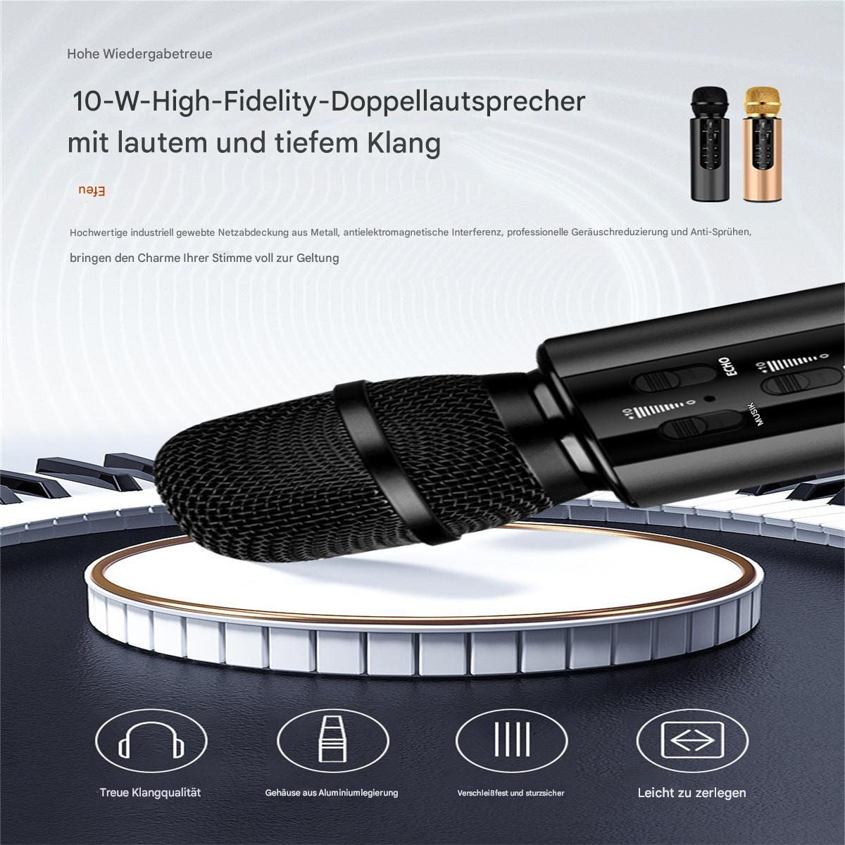 Schwarzes Mikrofon mit Metallständer und Text über High-Fidelity-Audio und Karaoke.