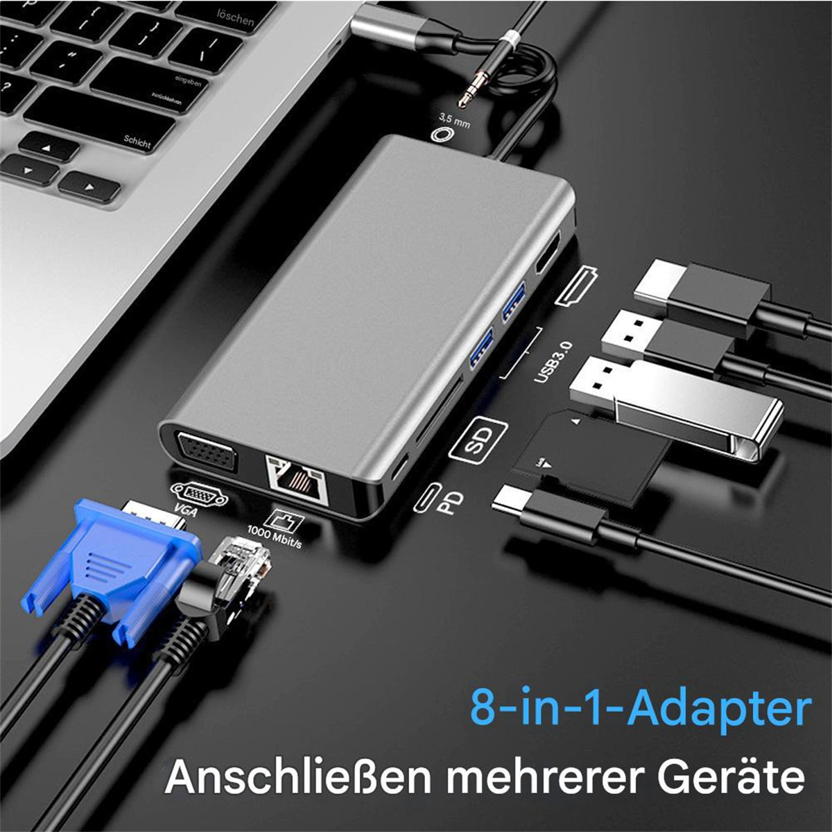 Ein 8-in-1-Adapter, der an einen Laptop angeschlossen ist. Mehrere Kabel und Anschlüsse sind sichtbar.