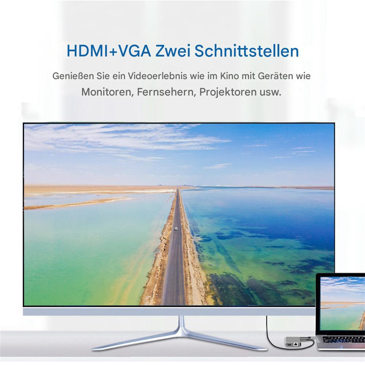 Großer Monitor mit HDMI- und VGA-Anschlüssen. Text, der die Funktionen beschreibt. Laptop im Hintergrund.