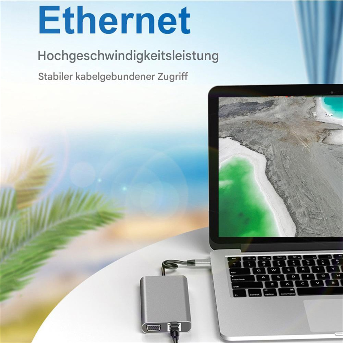 Laptop mit grauem Hub verbunden. Text: Ethernet. Hintergrund: Ozean und Himmel.