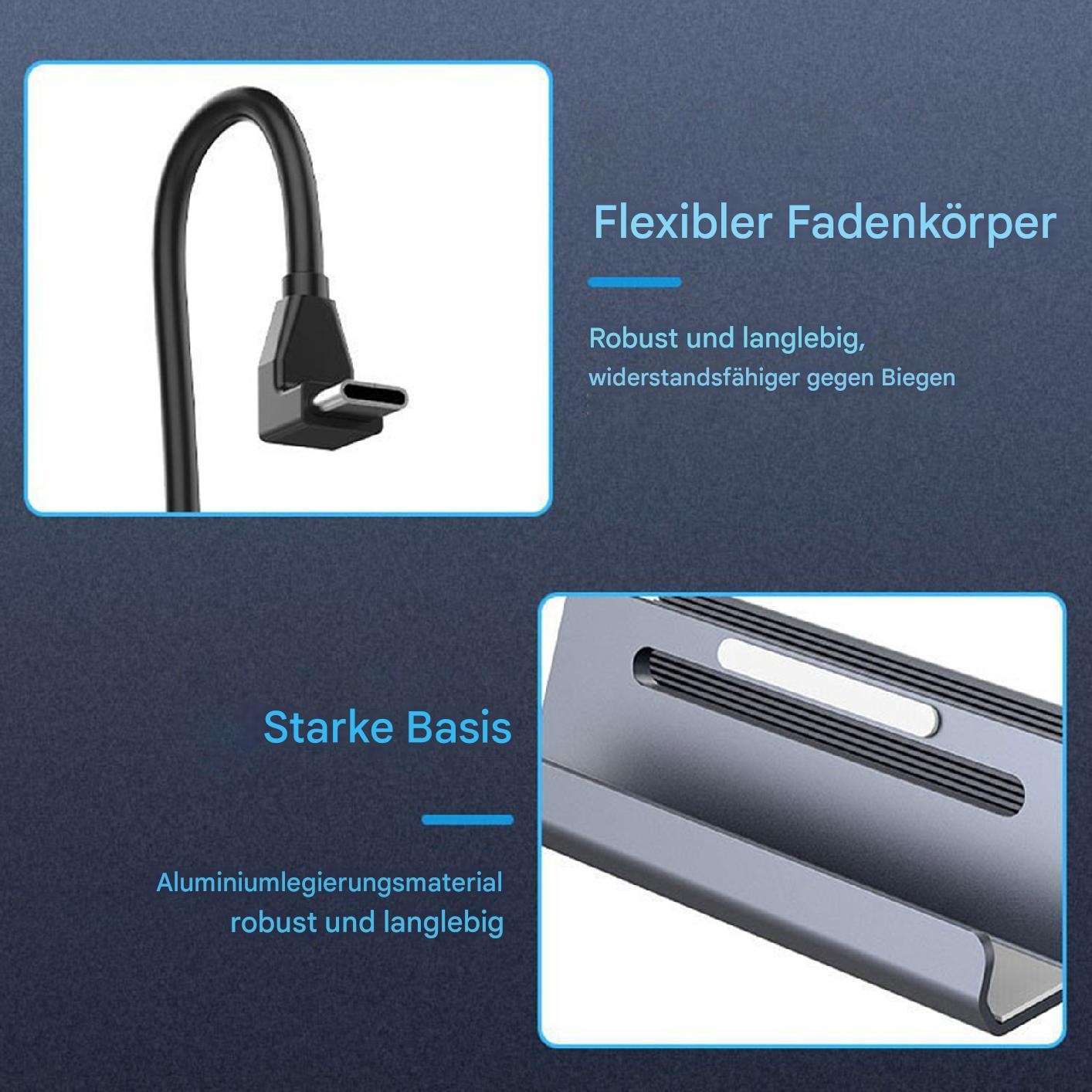 Ein schwarzes USB-C-Kabel mit Schwanenhals, quadratischem Ende und grauer Basis.