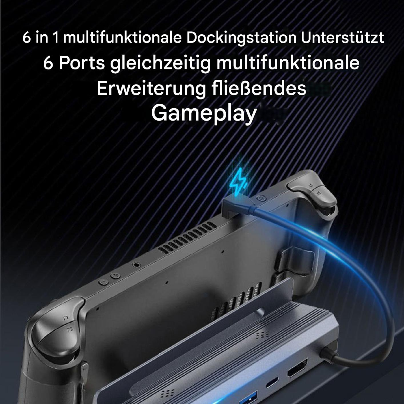 Gaming-Handheld in einer schwarzen Dockingstation. Text: '6 in 1 multifunktional'.