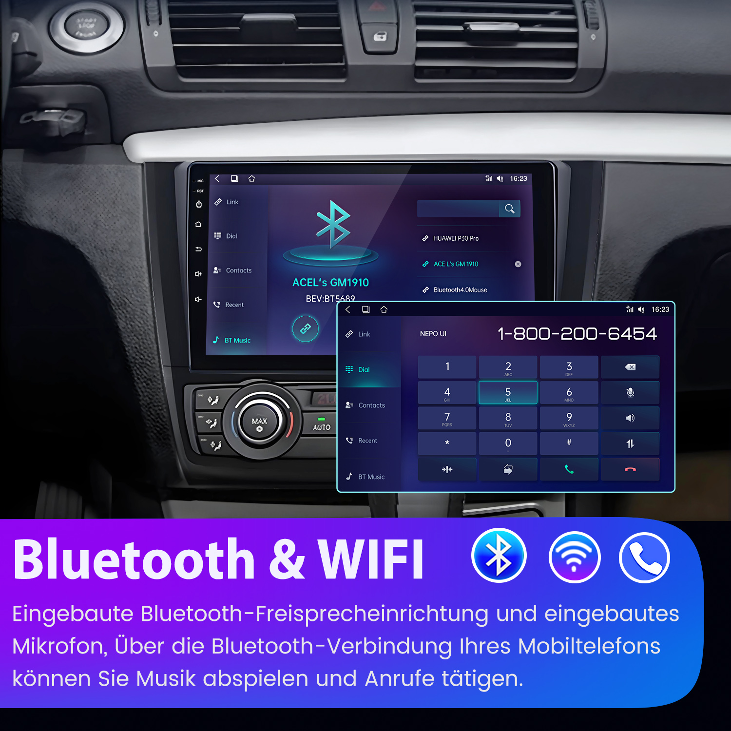 Deska rozdzielcza samochodu z ekranem dotykowym wyświetlającym interfejs telefonu i klawiaturę numeryczną. Ikony Bluetooth i WiFi.