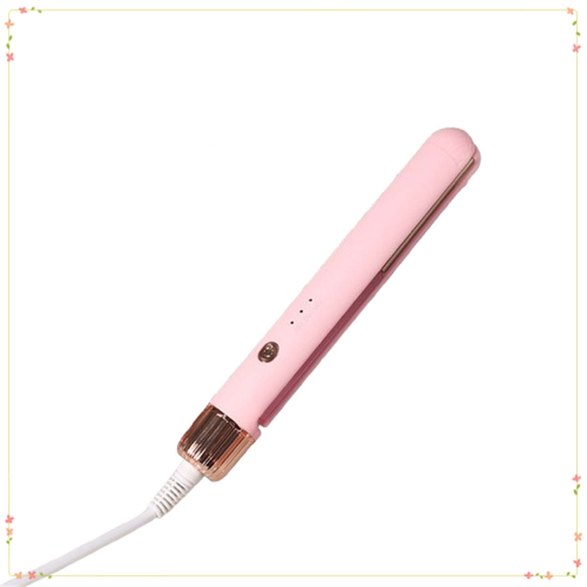 Ein pinker Haarglätter mit weißem Kabel. Es ist ein schlankes Design mit goldenen Akzenten und Knöpfen.