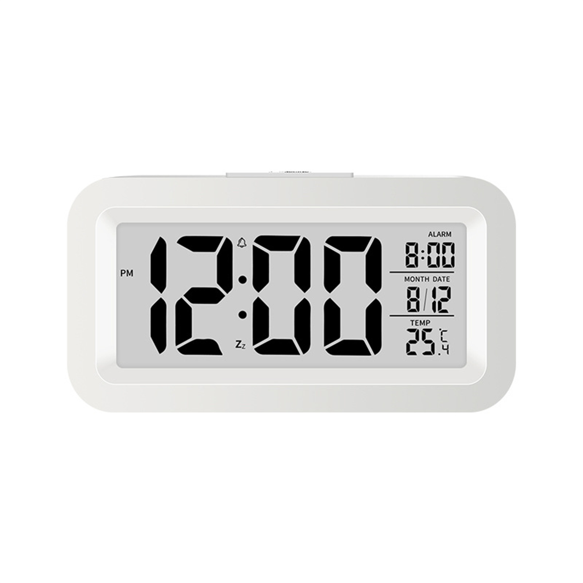 Weißer digitaler Wecker mit 12:00 PM, Datum und Temperatur.