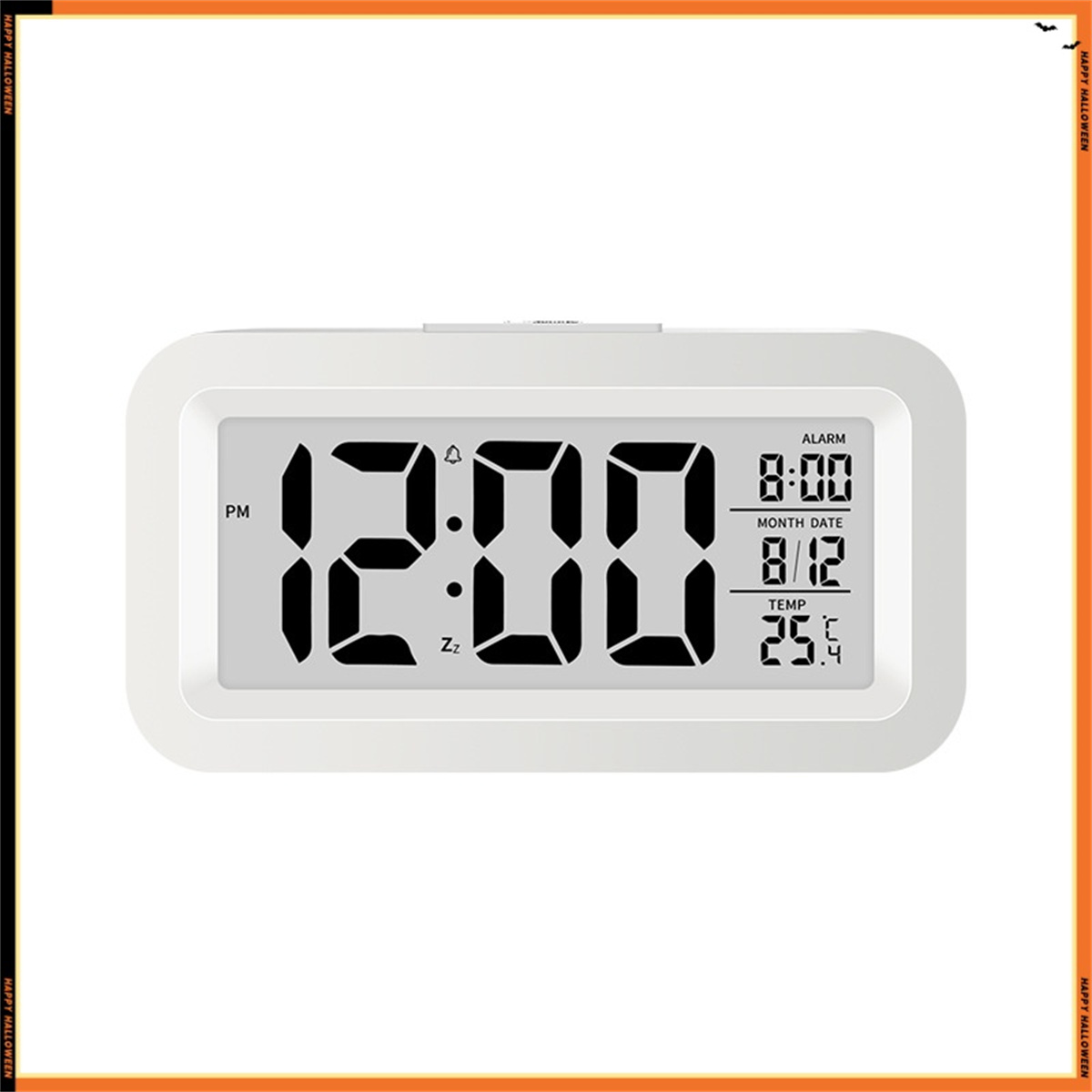 Ein weißer digitaler Wecker. Zeigt Uhrzeit, Datum und Temperatur an.