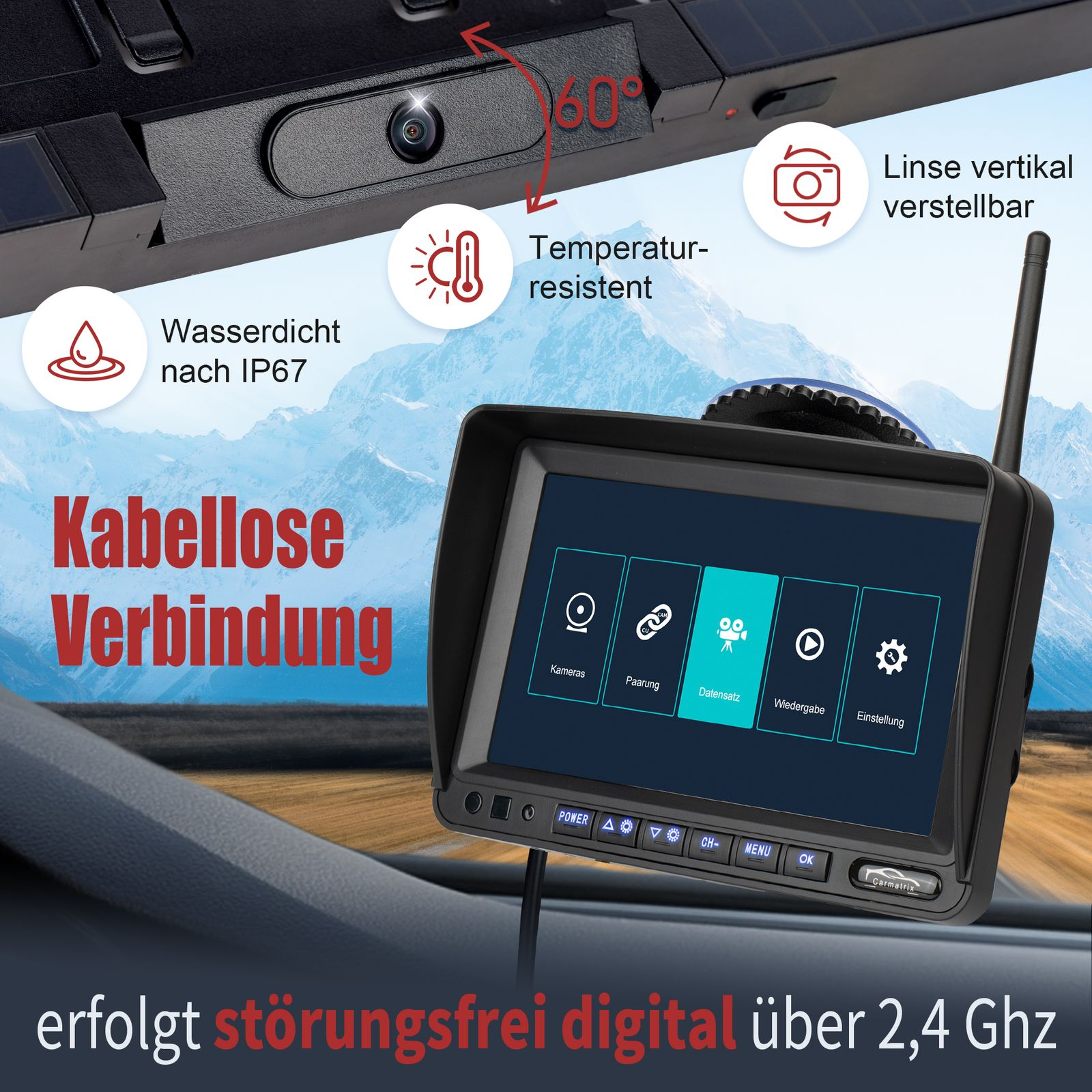 Schwarzer Auto-Monitor, der eine Benutzeroberfläche mit Kamera- und Einstellungsoptionen zeigt.