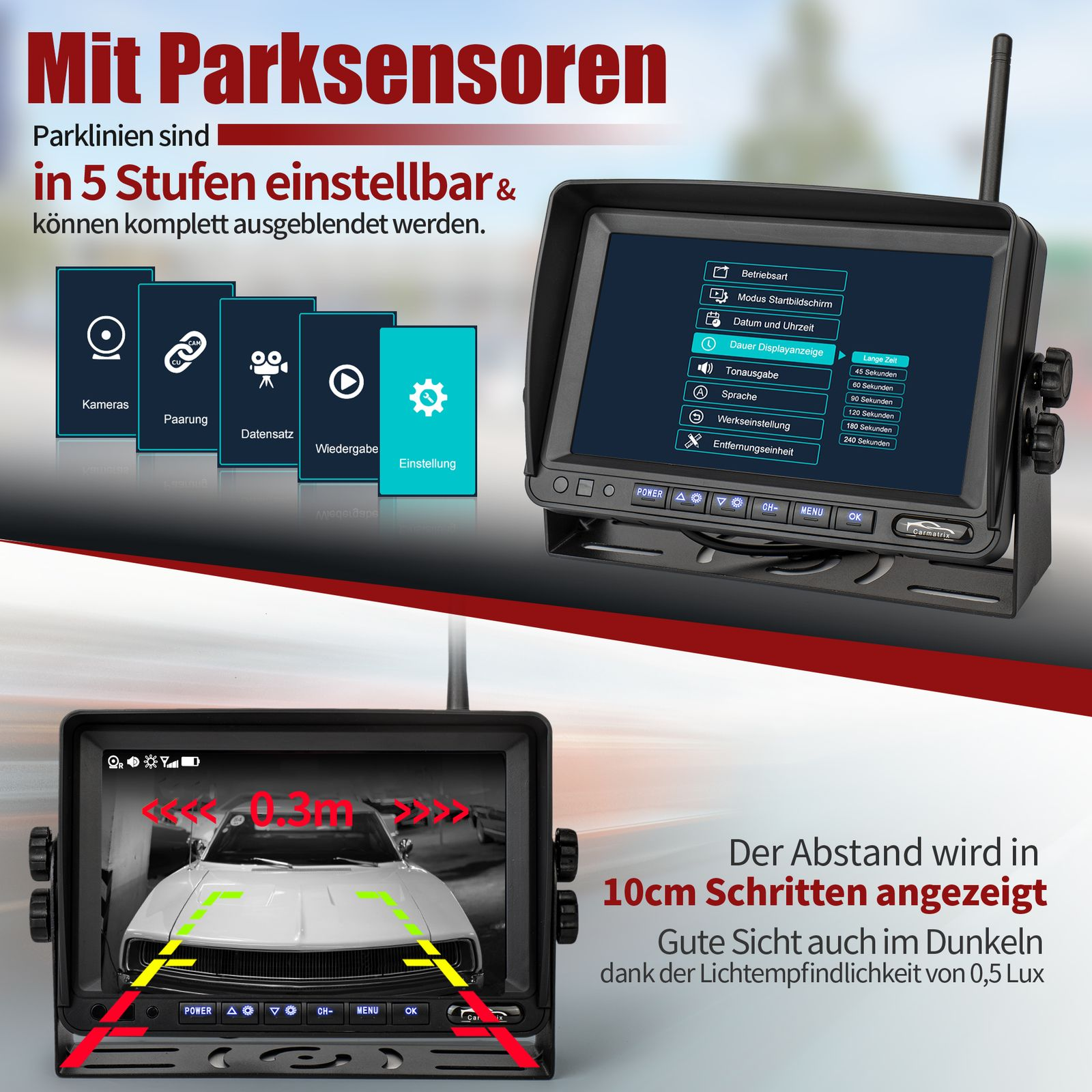 Bildschirm eines Auto-Monitors, der die Rückansicht eines Autos mit Abstandsanzeigen zeigt.